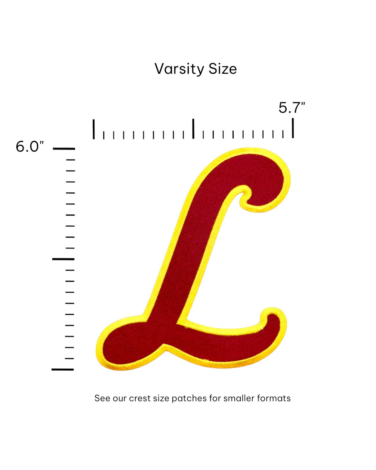 Loyola University Chicago Script L Embroidered Varsity Patch in Burgundy and Gold, 5.6 inches wide by 6 inches tall by SOUNDOFF - size