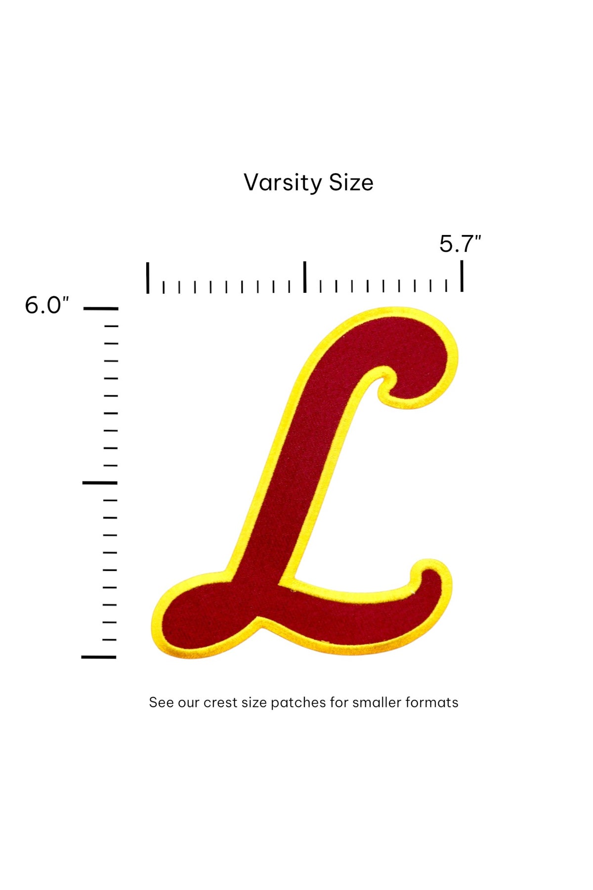 Loyola University Chicago Script L Embroidered Varsity Patch in Burgundy and Gold, 5.6 inches wide by 6 inches tall by SOUNDOFF - size