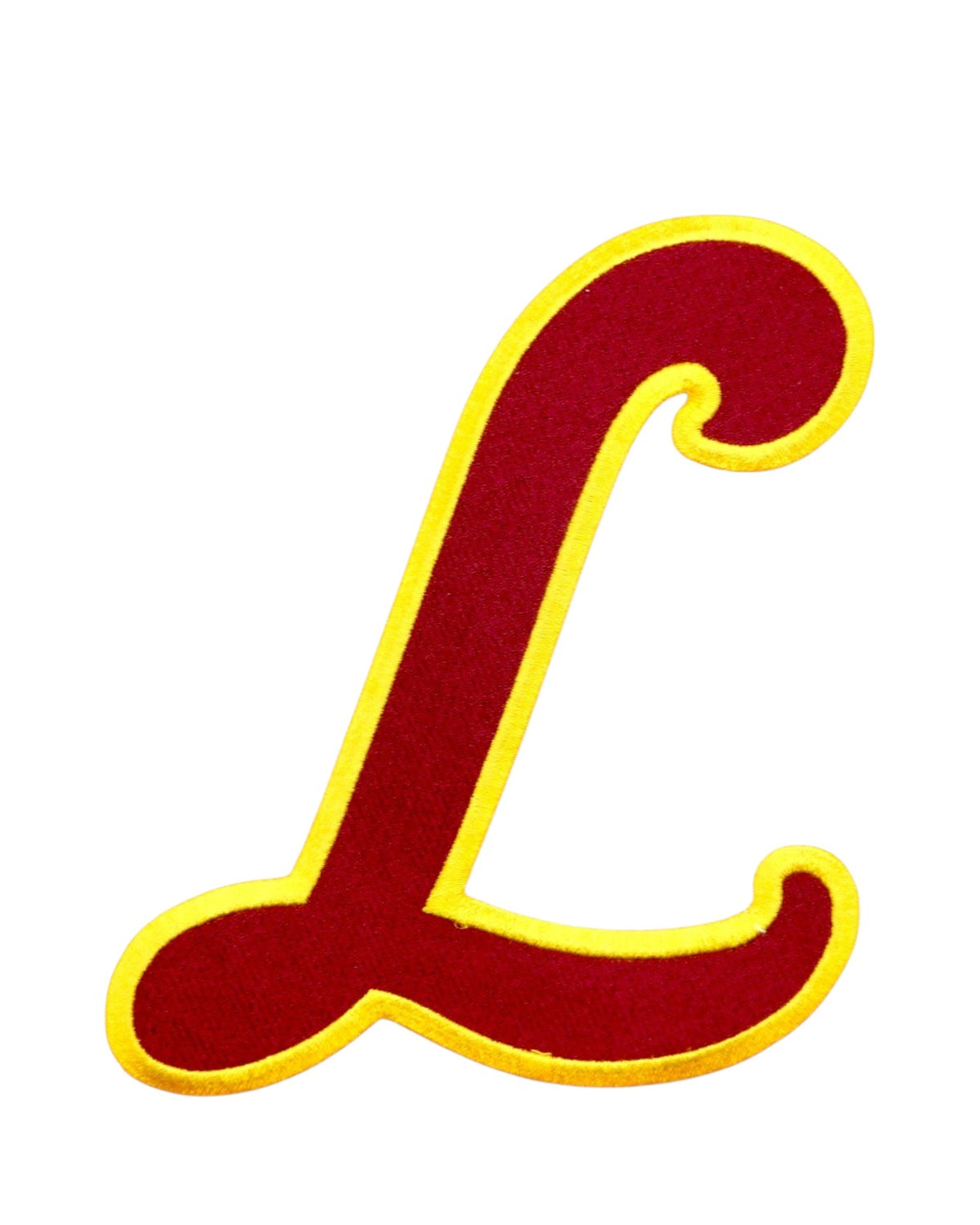 Loyola University Chicago Script L Embroidered Varsity Patch in Burgundy and Gold, 5.6 inches wide by 6 inches tall by SOUNDOFF - front