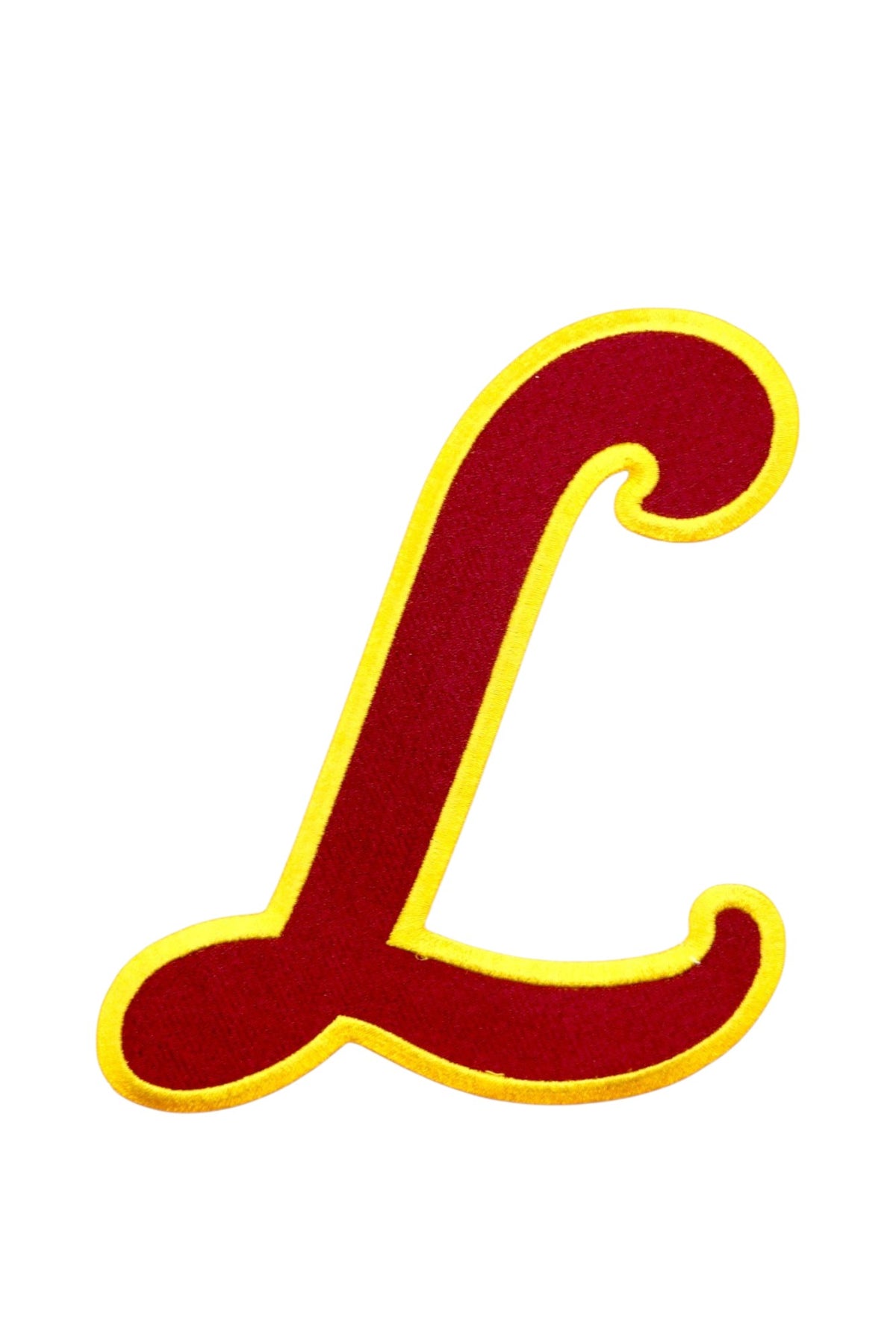 Loyola University Chicago Script L Embroidered Varsity Patch in Burgundy and Gold, 5.6 inches wide by 6 inches tall by SOUNDOFF - front