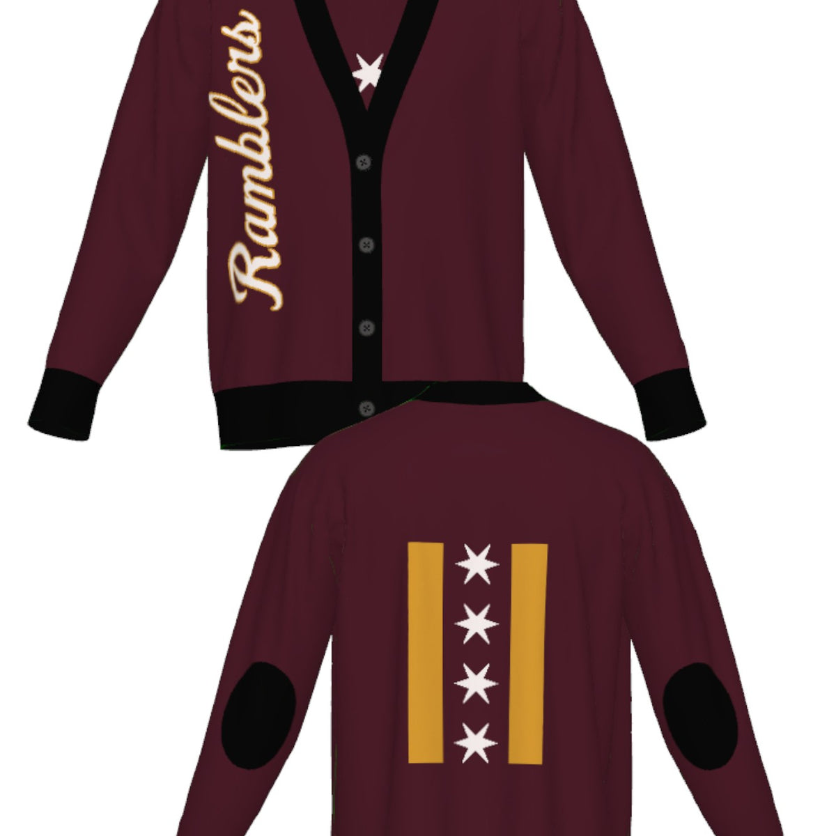 Loyola University Chicago Ramblers CHI Knit Cardigan Sweater by Soundoff in burgundy, mustard, black and white front and back