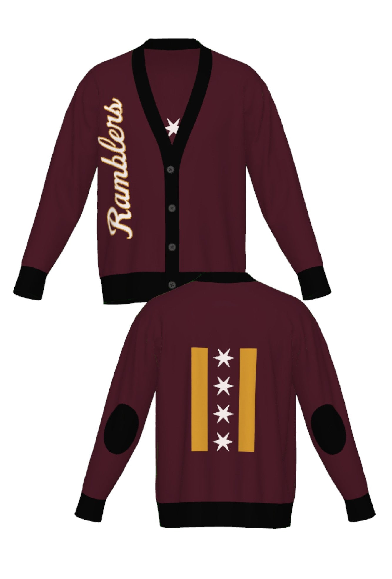 Loyola University Chicago Ramblers CHI Knit Cardigan Sweater by Soundoff in burgundy, mustard, black and white front and back