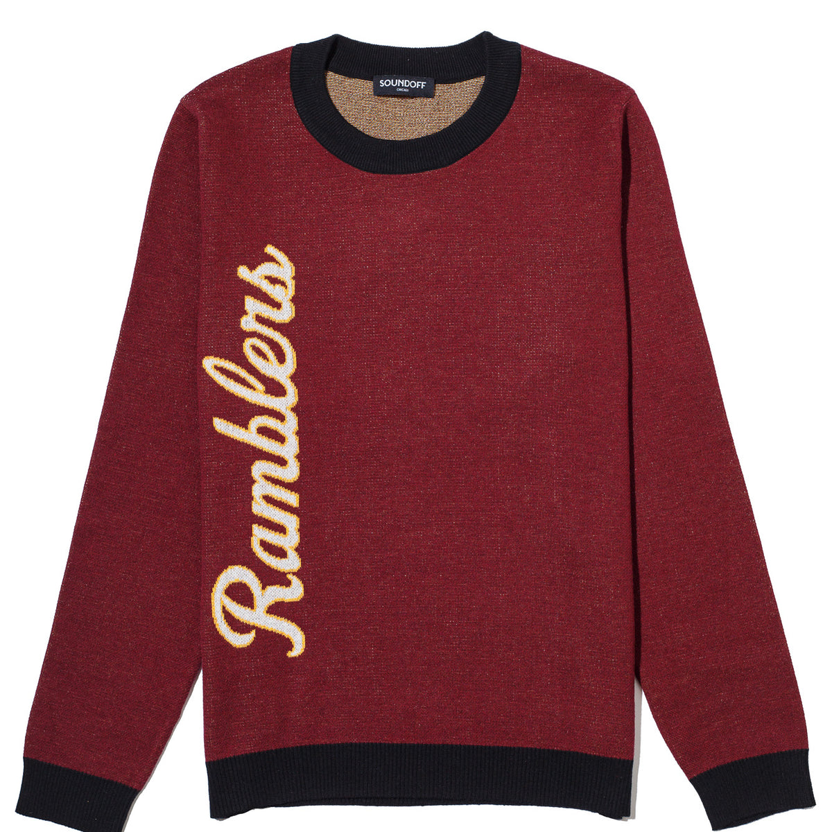 Loyola University Chicago Ramblers CHI Knit Classic Crew Neck Sweater by Soundoff in burgundy, mustard, black and white front