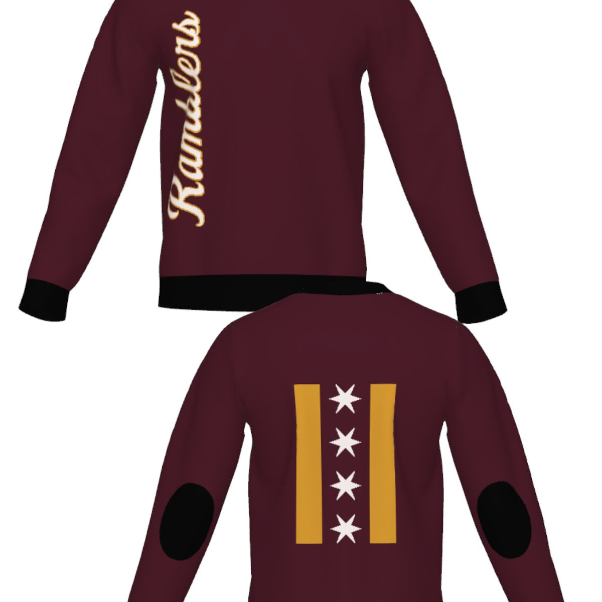 Loyola University Chicago Ramblers CHI Knit Classic Crew Neck Sweater by Soundoff in burgundy, mustard, black and white front and back