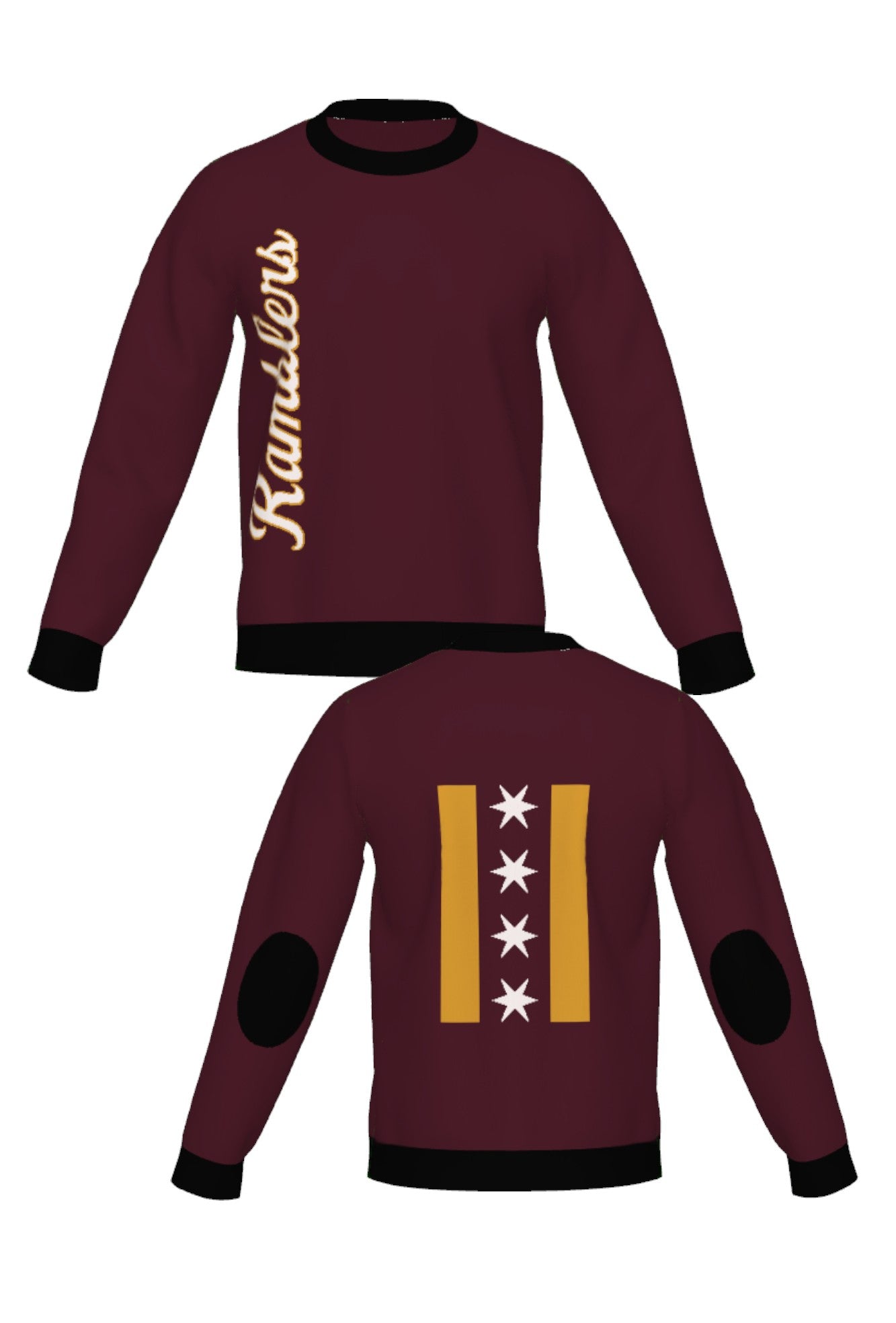Loyola University Chicago Ramblers CHI Knit Classic Crew Neck Sweater by Soundoff in burgundy, mustard, black and white front and back