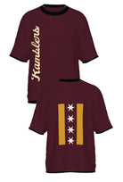 Loyola University Chicago Ramblers CHI Knit Short Sleeve Sweater by Soundoff in burgundy, mustard, black and white front and back