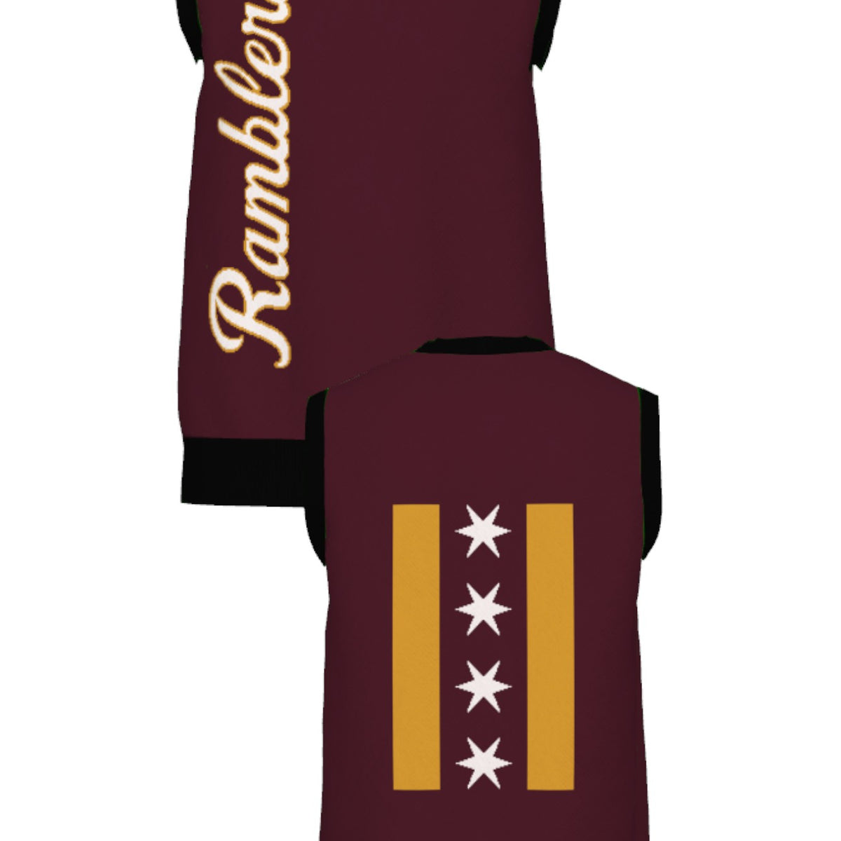 Loyola University Chicago Ramblers CHI Knit V Neck Vest Sweater by Soundoff in burgundy, mustard, black and white front and back