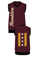 Loyola University Chicago Ramblers CHI Knit V Neck Vest Sweater by Soundoff in burgundy, mustard, black and white front and back