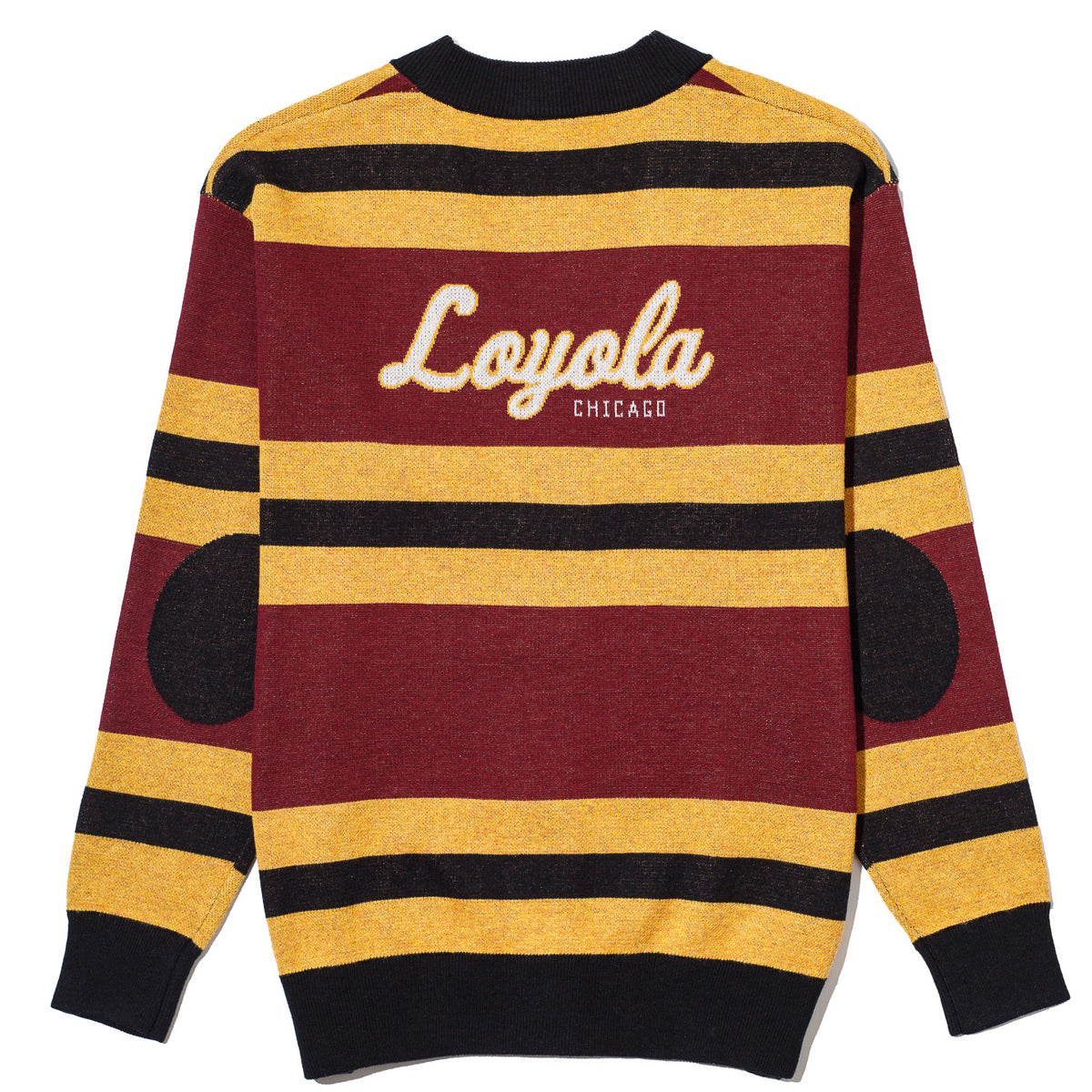 Loyola University Chicago Rugby Stripe Knit Cardigan Sweater by Soundoff in burgundy, mustard, black and white back