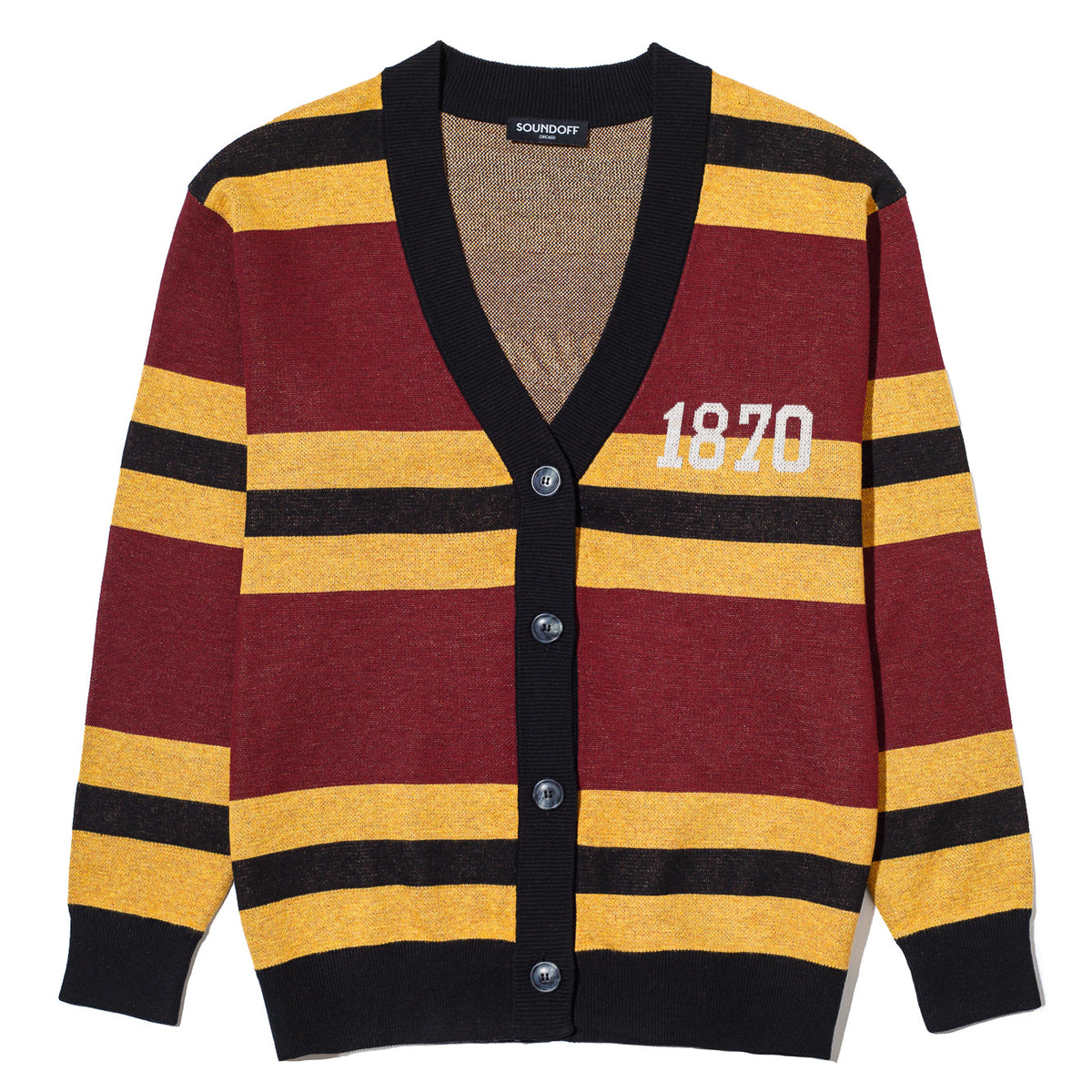 Loyola University Chicago Rugby Stripe Knit Cardigan Sweater by Soundoff in burgundy, mustard, black and white front
