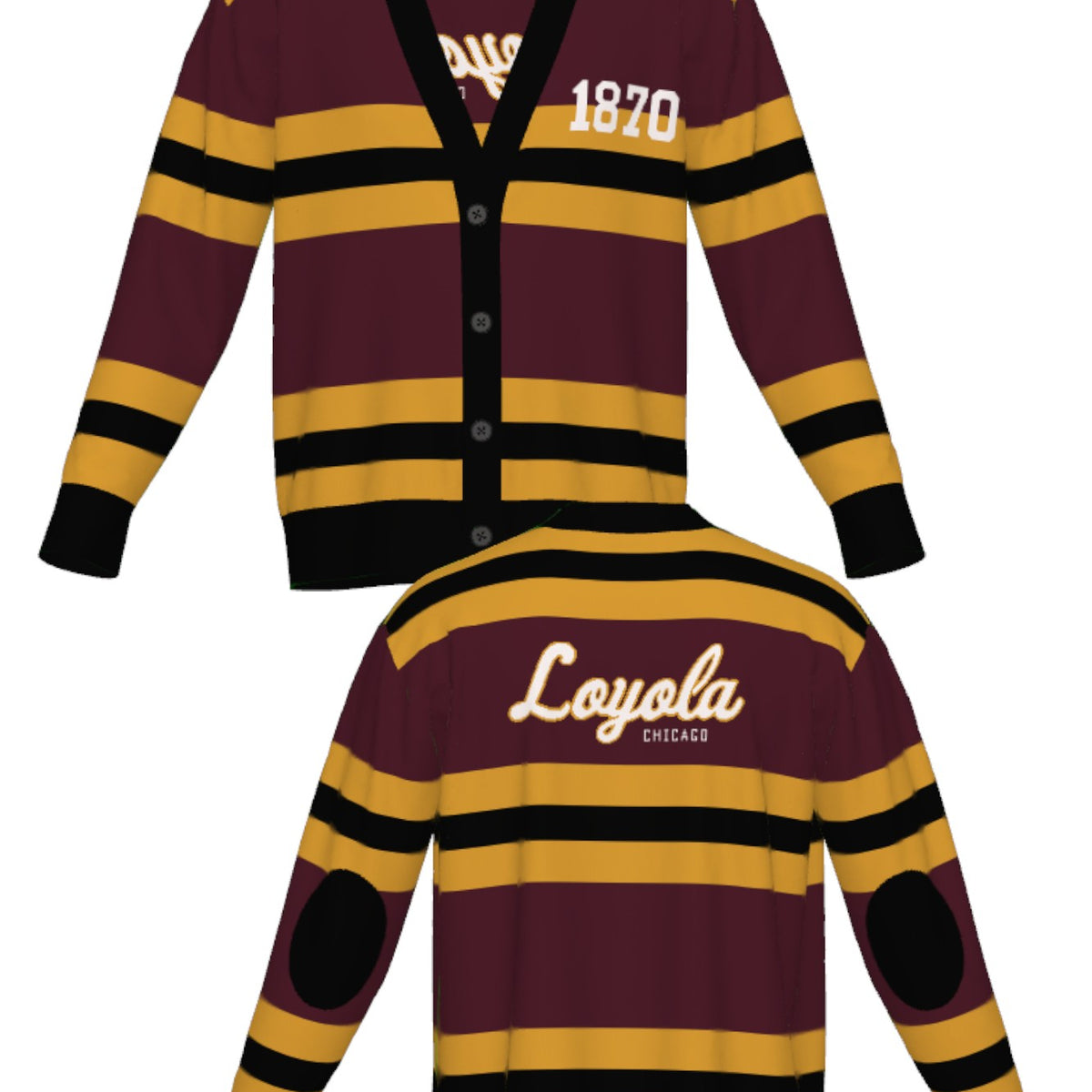 Loyola University Chicago Rugby Stripe Knit Cardigan Sweater by Soundoff in burgundy, mustard, black and white front and back