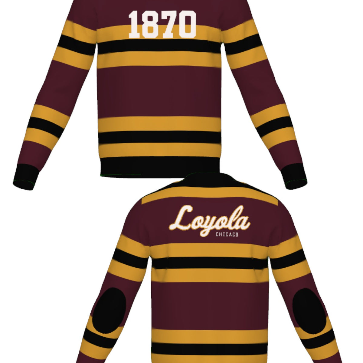 Loyola University Chicago Rugby Stripe Knit Classic Crew Neck Sweater by Soundoff in burgundy, mustard, black and white front and back