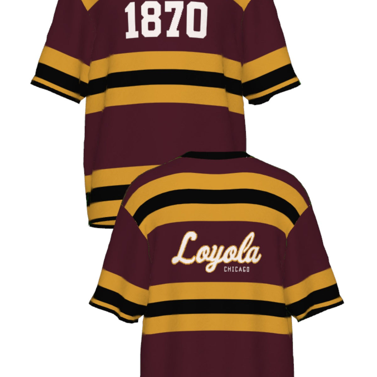 Loyola University Chicago Rugby Stripe Knit Short Sleeve Sweater by Soundoff in burgundy, mustard, black and white front and back
