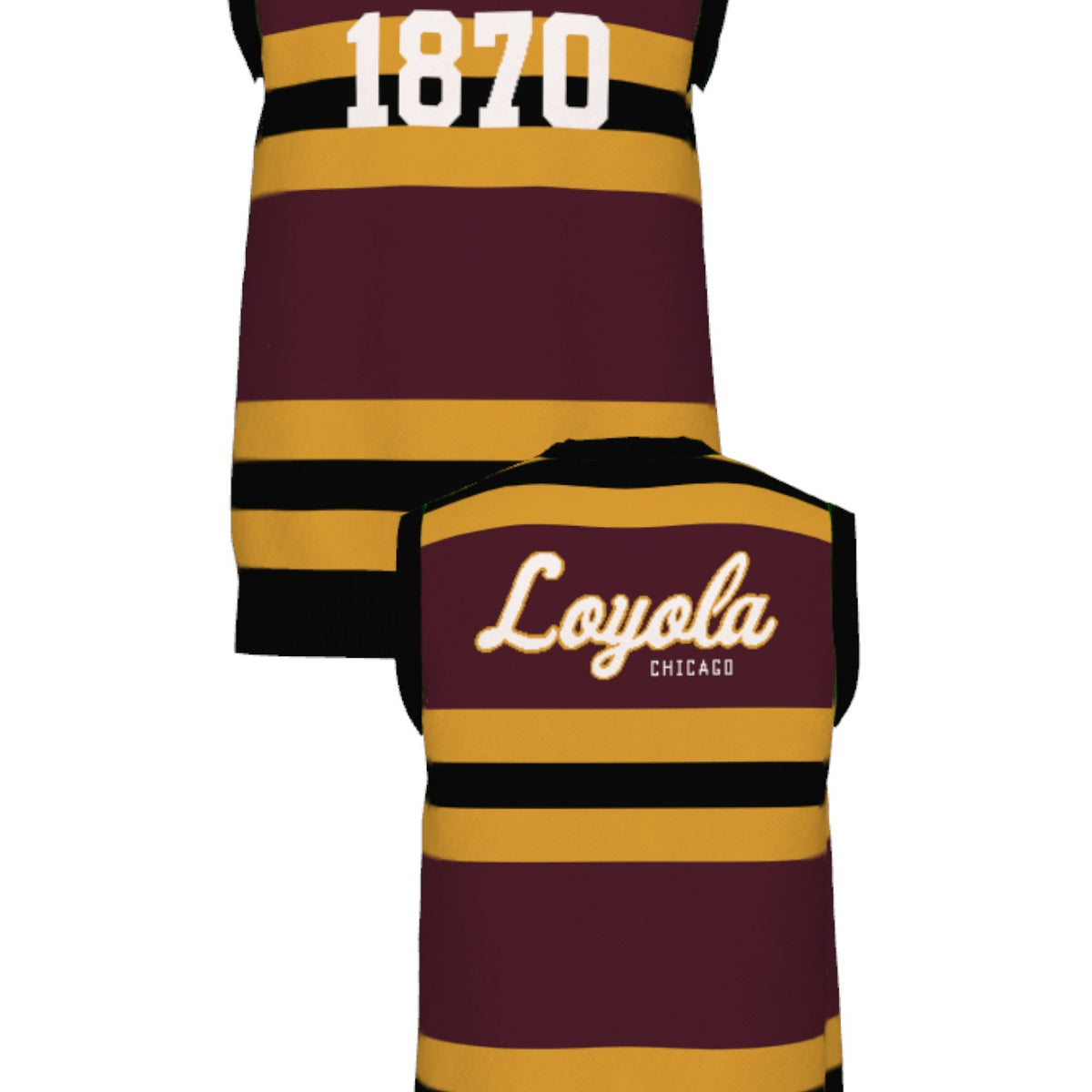 Loyola University Chicago Rugby Stripe Knit V-Neck Vest Sweater by Soundoff in burgundy, mustard, black and white front and back