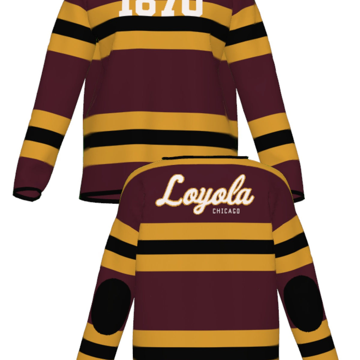 Loyola University Chicago Rugby Stripe Knit Women's Sweater by Soundoff in burgundy, mustard, black and white front and back