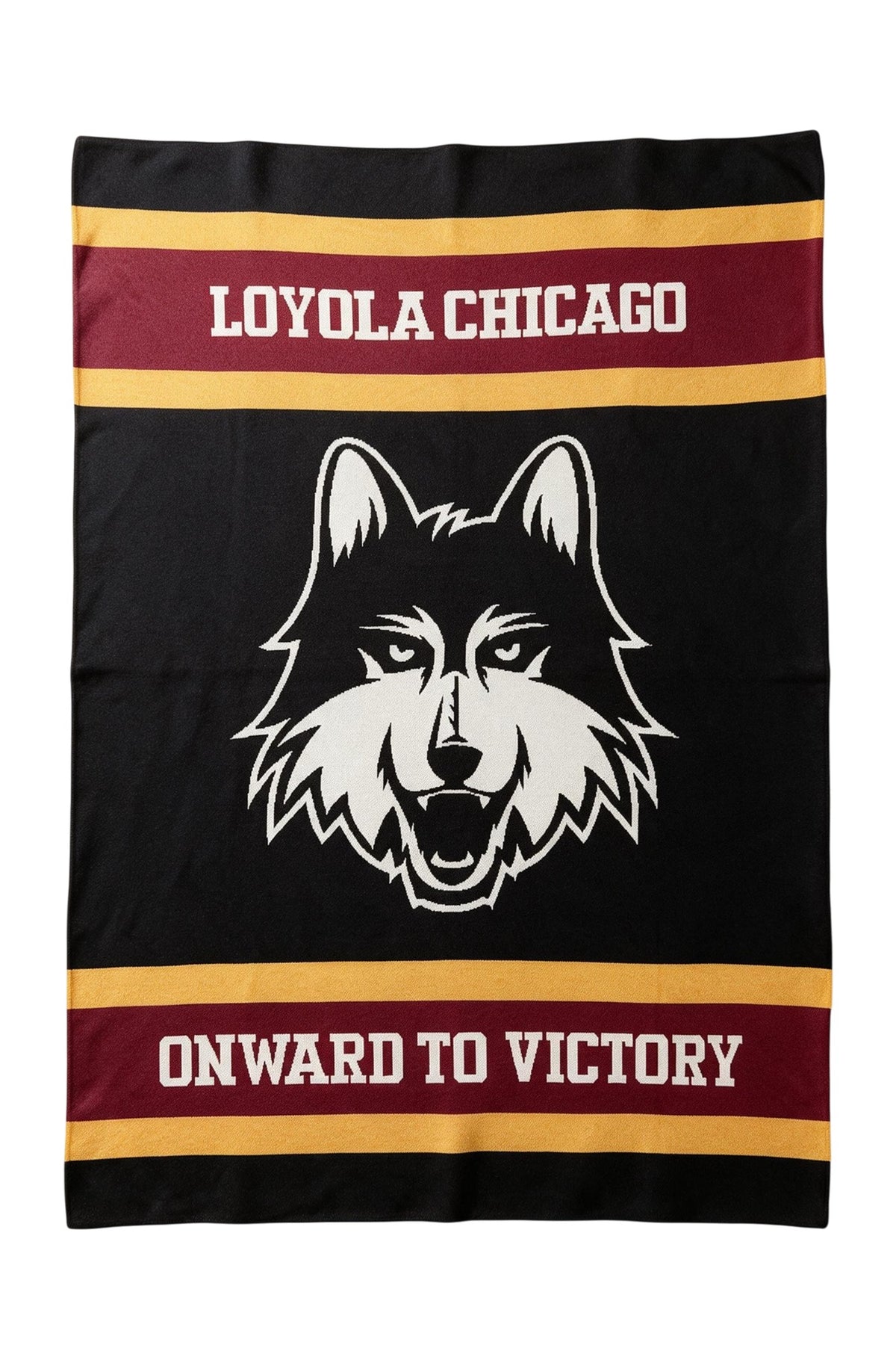 Loyola University Chicago varsity knit throw blanket in black, burgundy, and mustard gold with LUC Wolf head logo by SOUNDOFF - front