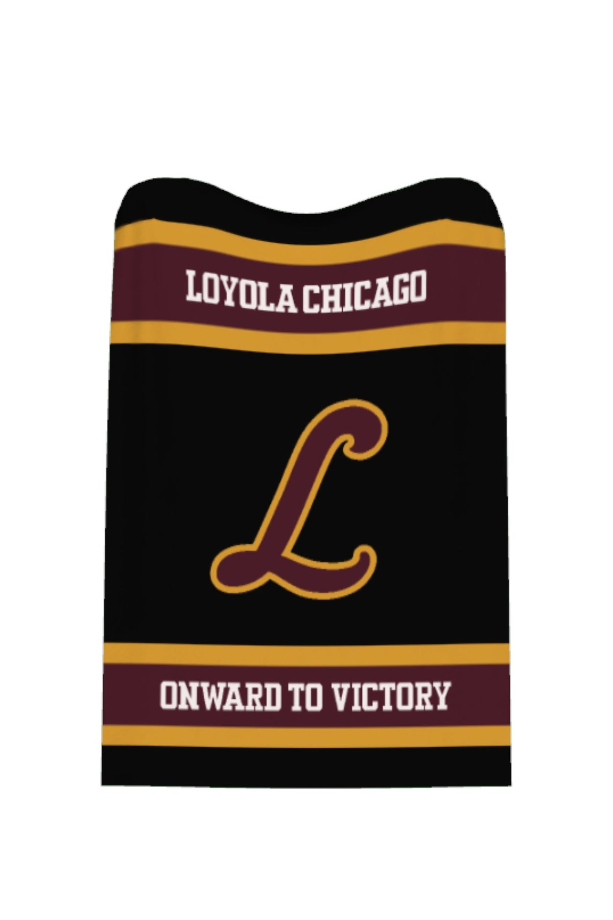 Loyola University Chicago varsity knit throw blanket in black, burgundy, and mustard gold with script L logo by SOUNDOFF - front
