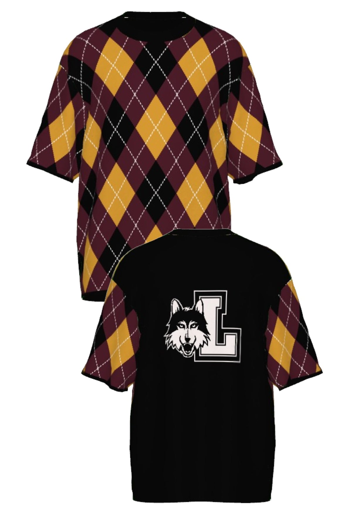 Loyola University Chicago Argyle Short Sleeve Knit Sweater with Burgundy, Mustard Gold and Black argyle pattern, White pinstripes and Black trim by SOUNDOFF - front and back