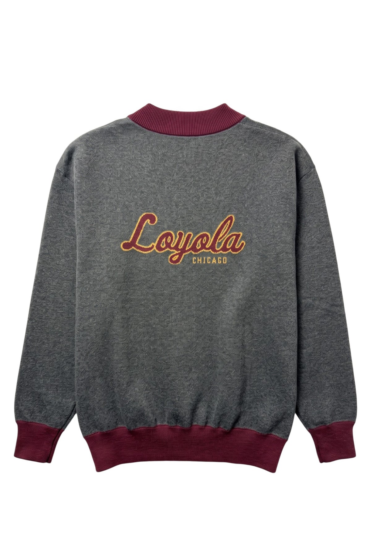 Loyola University Chicago Brixton Bias Cardigan Knit Sweater in Charcoal Gray with five Burgundy and Mustard Gold diagonal stripes and Burgundy trim by SOUNDOFF - back
