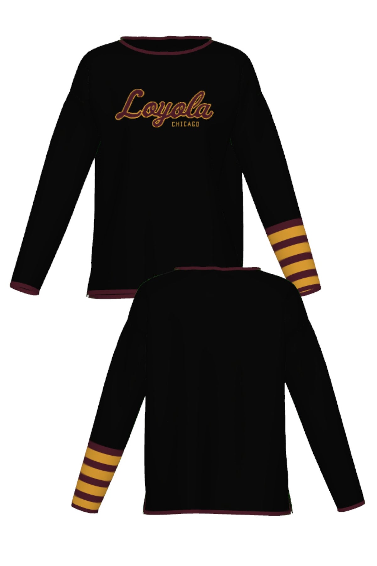 Loyola University Letterman Band Woman's Knit Sweater in Black with Burgundy trim, Burgundy and Mustard Gold script logo and sleeve bands by SOUNDOFF - front and back