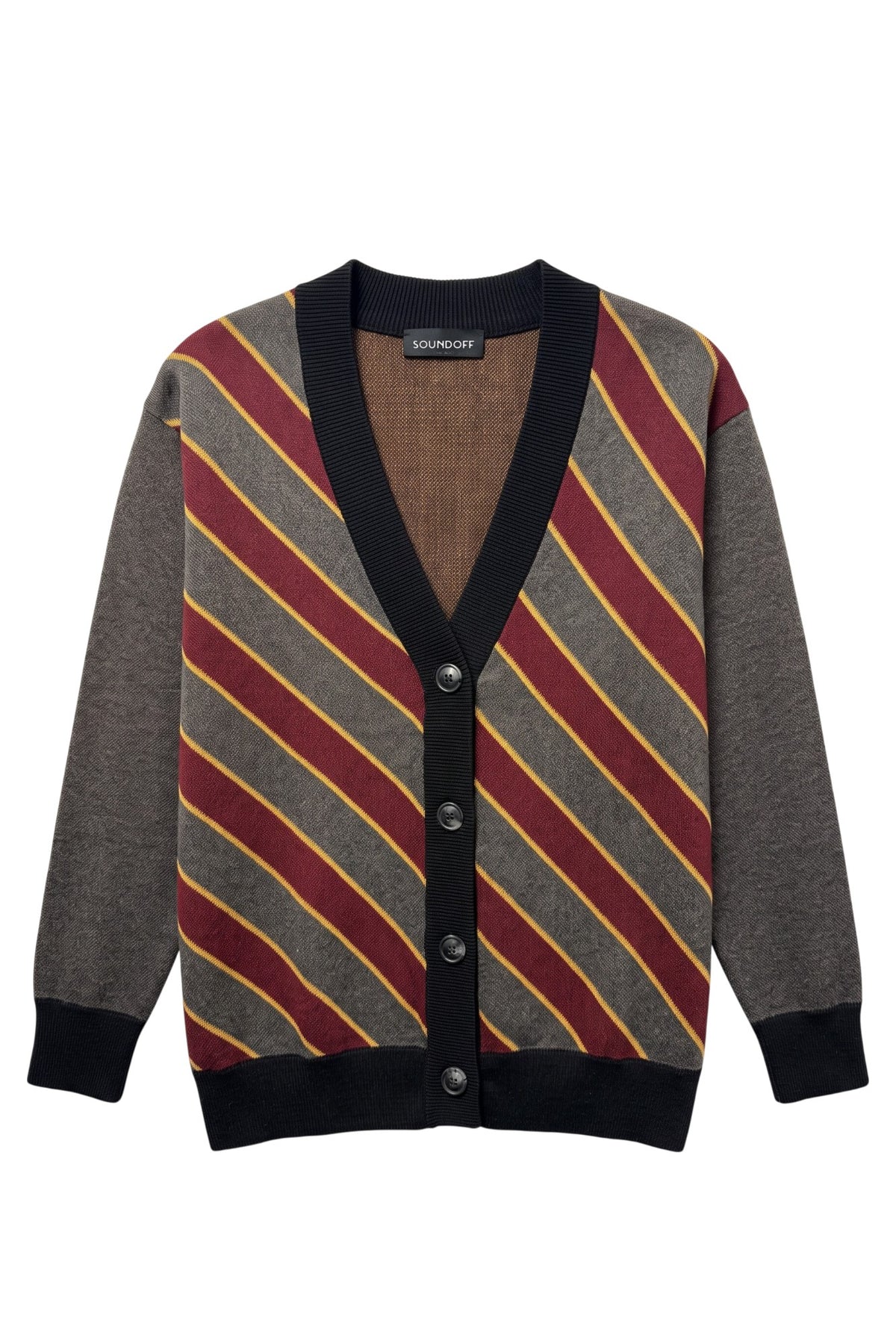 Loyola University Chicago Repp Stripe Knit Cardigan Sweater in Charcoal Grey with Burgundy diagonal stripes and Mustard Gold pinstripes by SOUNDOFF - front