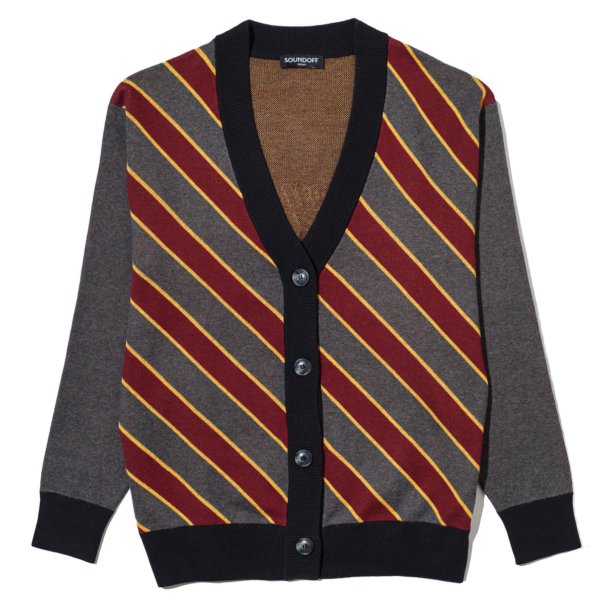 Loyola University Chicago Repp Stripe Knit Cardigan Sweater – by Soundoff in Burgundy, mustard, charcoal and black front