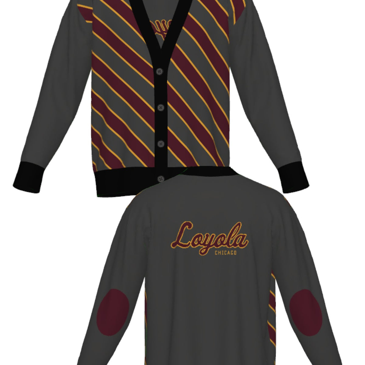 Loyola University Chicago Repp Stripe Knit Cardigan Sweater – by Soundoff in Burgundy, mustard, charcoal and black front and back