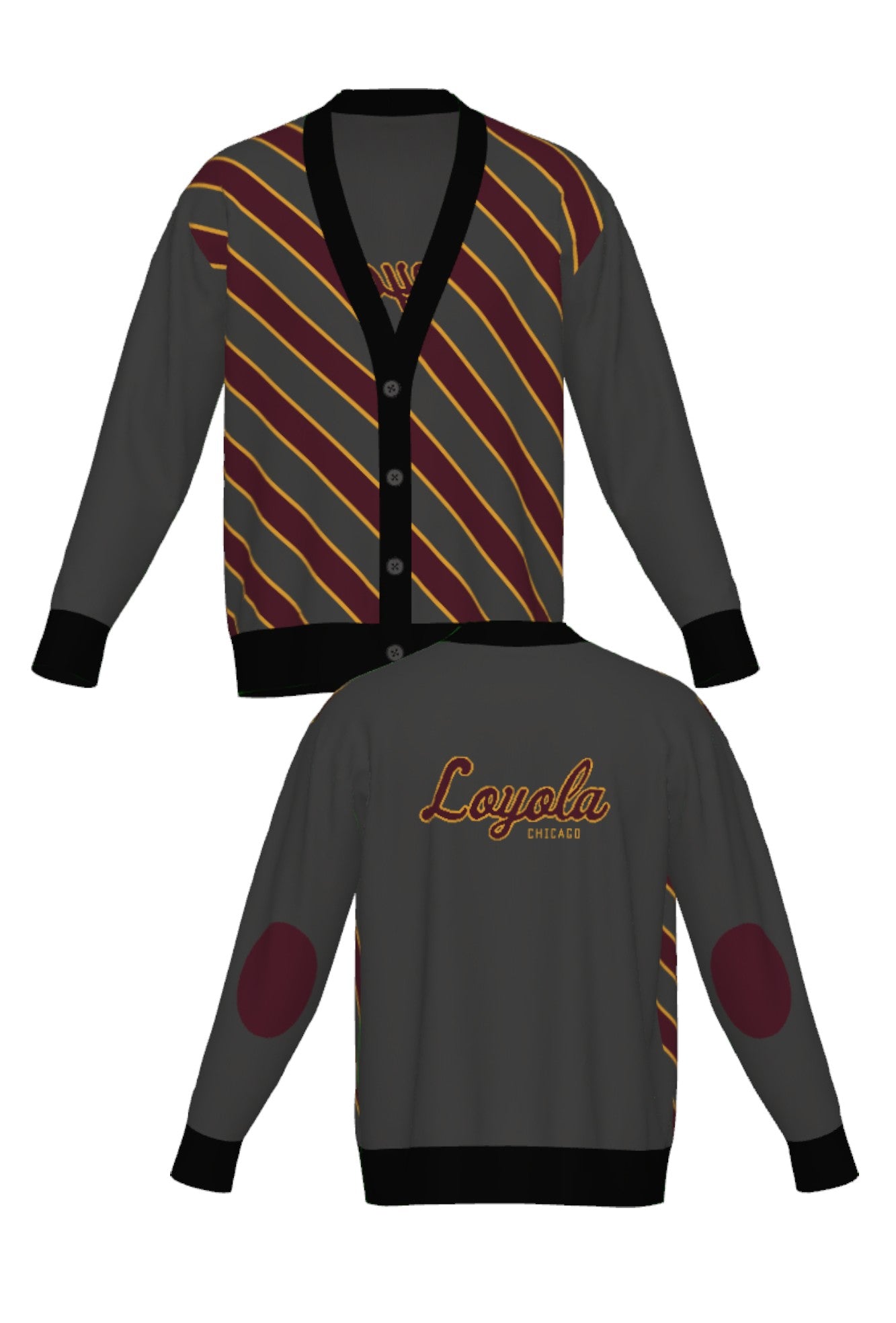 Loyola University Chicago Repp Stripe Knit Cardigan Sweater – by Soundoff in Burgundy, mustard, charcoal and black front and back