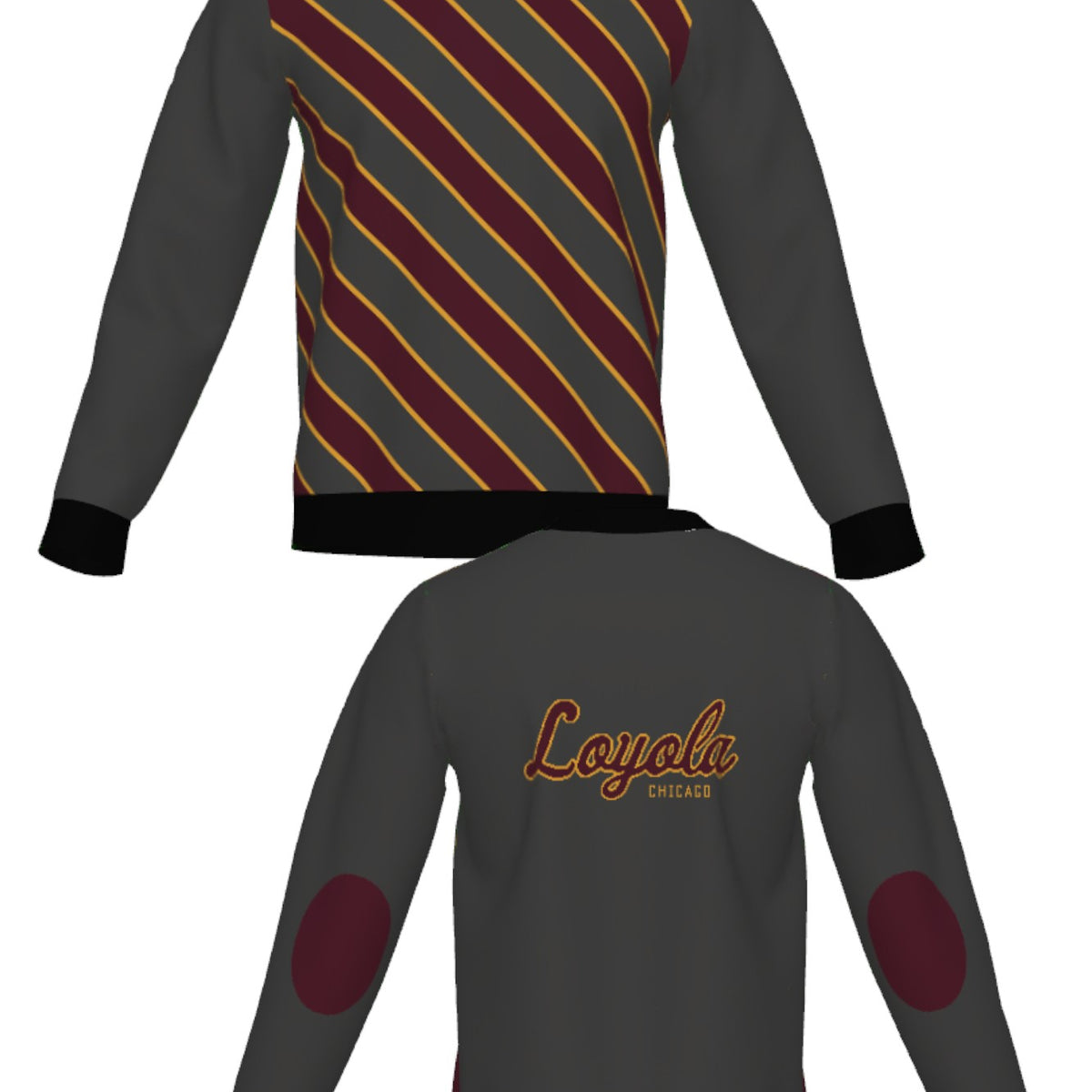 Loyola University Chicago Repp Stripe Knit Classic Crew Neck Sweater – by Soundoff in Burgundy, mustard, charcoal and black front and back