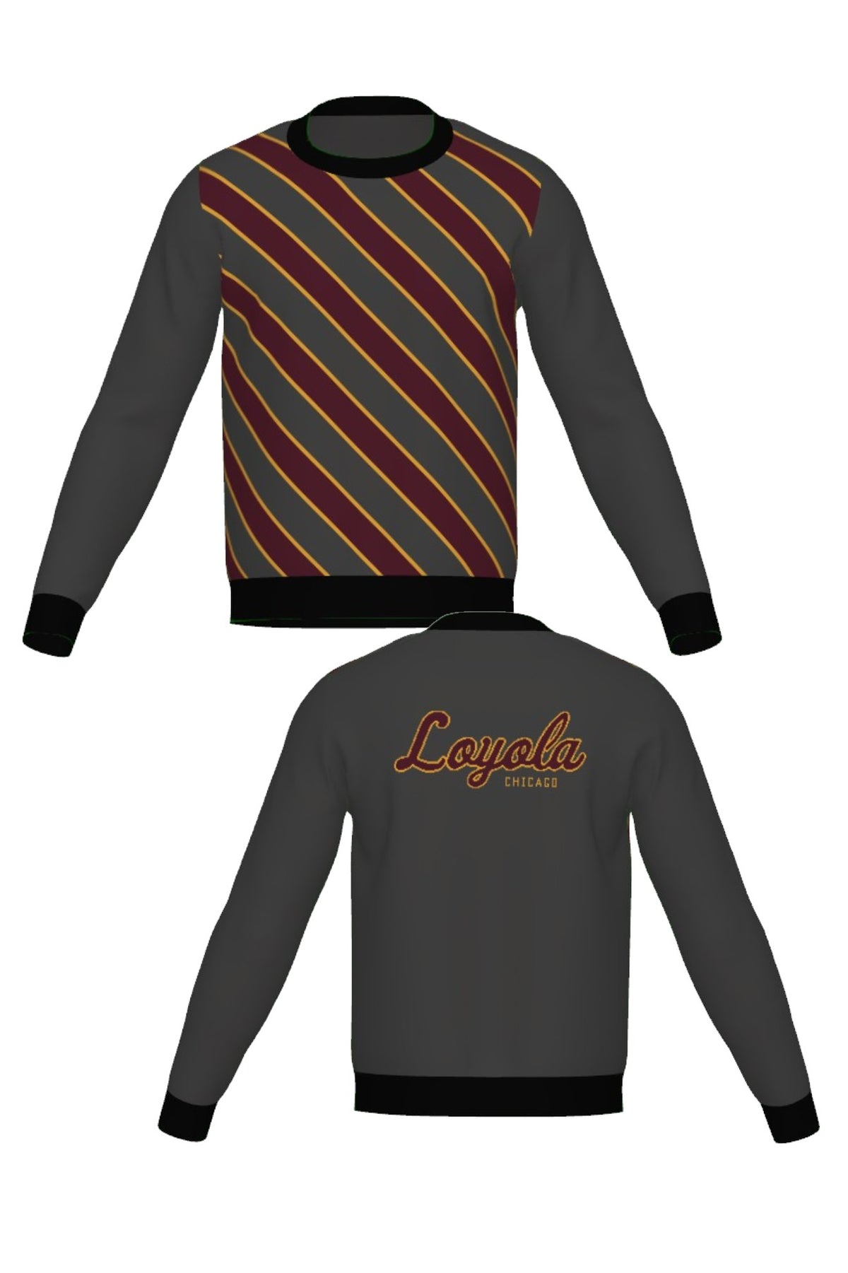 Loyola University Chicago Repp Stripe Knit Crew Neck Sweater in Charcoal Grey with Burgundy diagonal stripes and Mustard Gold pinstripes by SOUNDOFF - front and back