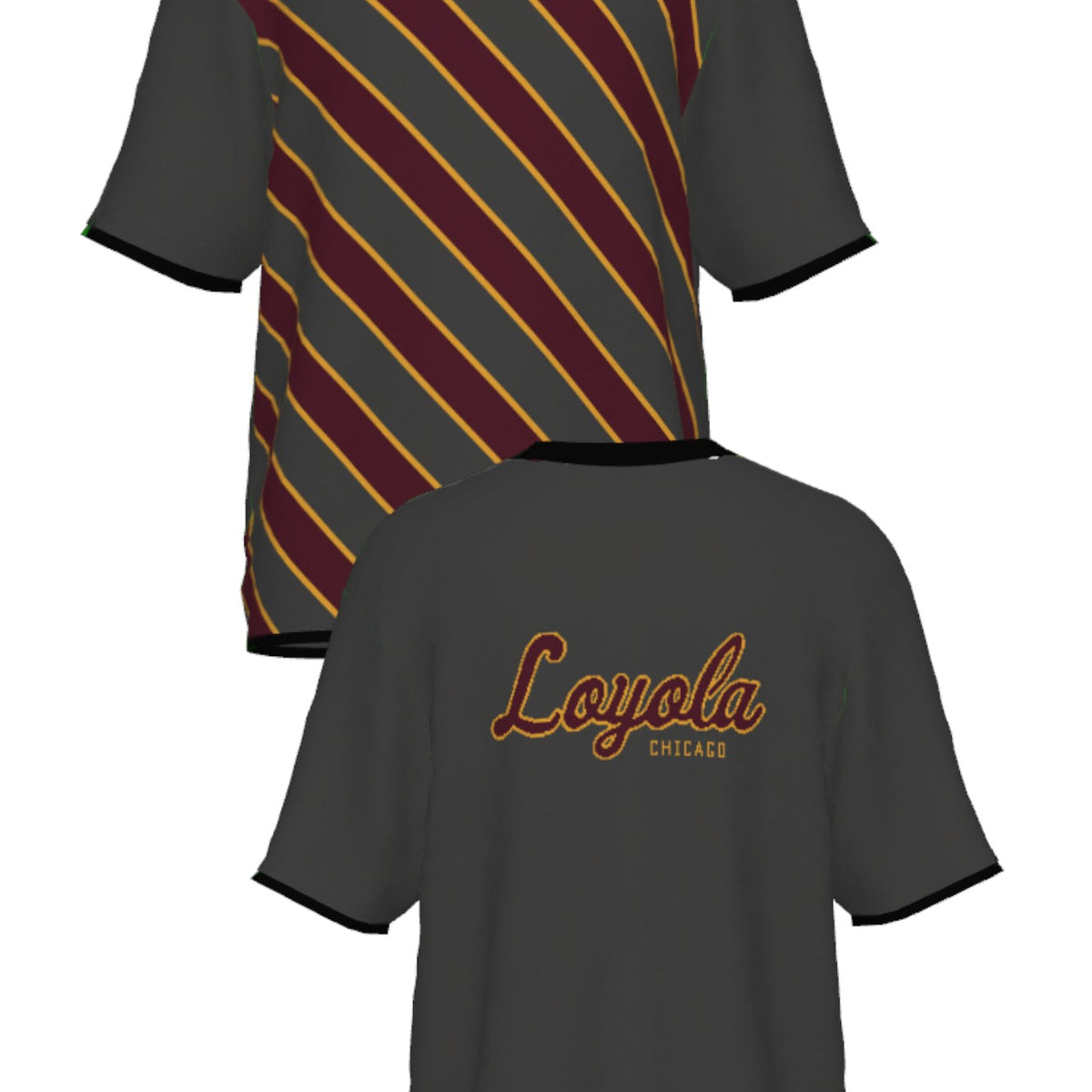 Loyola University Chicago Repp Stripe Knit Short Sleeve Sweater – by Soundoff in Burgundy, mustard, charcoal and black front and back