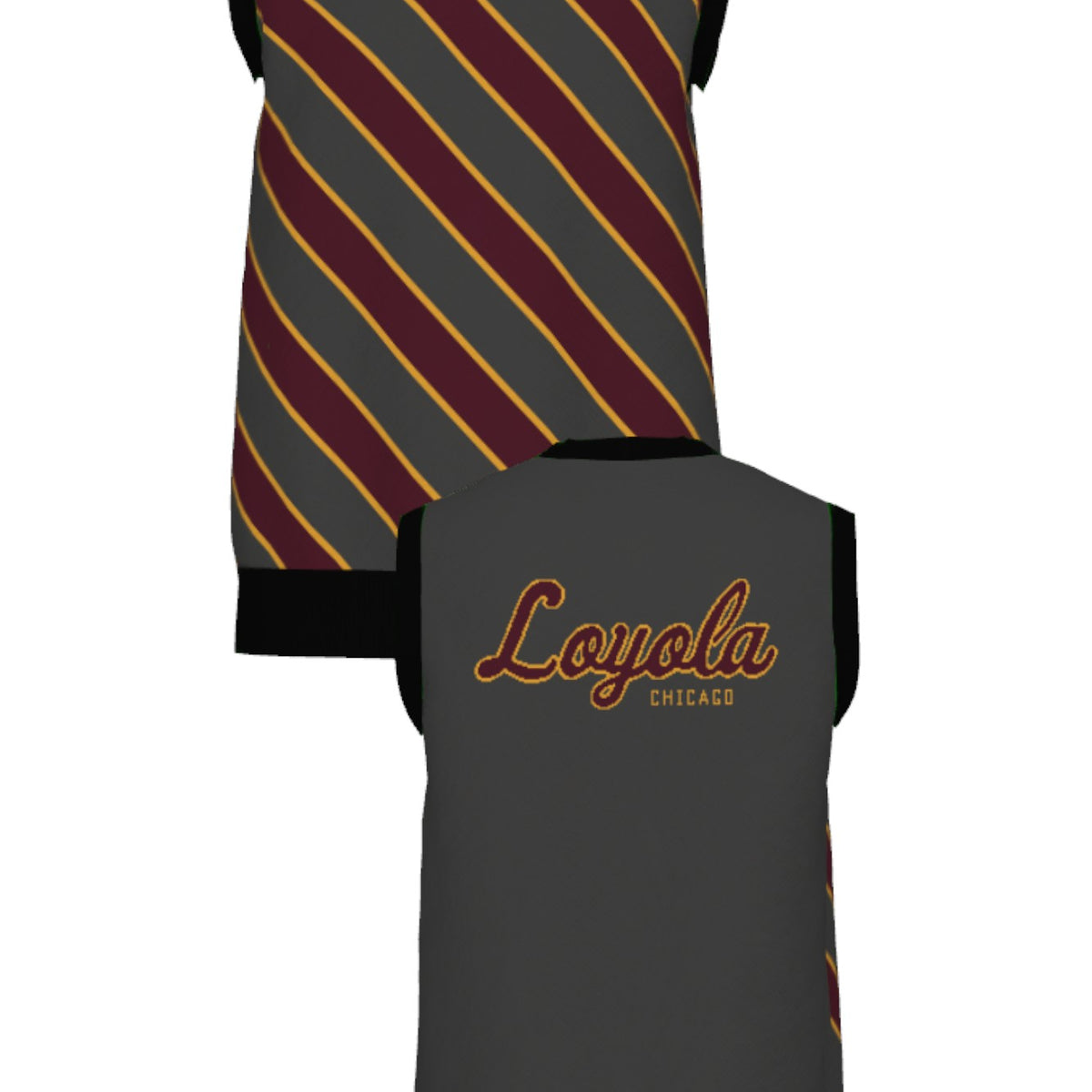 Loyola University Chicago Repp Stripe Knit V-Neck Vest Sweater – by Soundoff in Burgundy, mustard, charcoal and black front and back