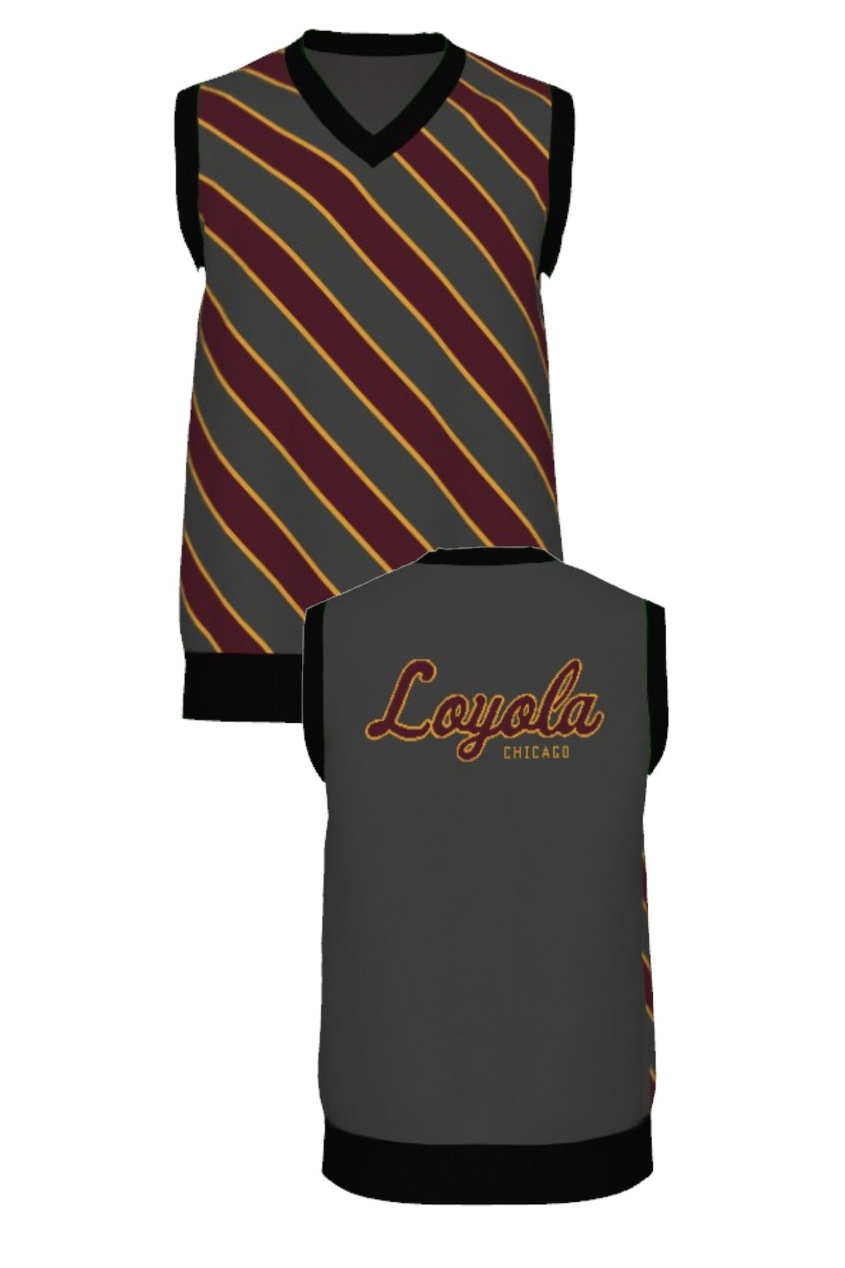 Loyola University Chicago Repp Stripe Knit V-Neck Vest Sweater in Charcoal Grey with Burgundy diagonal stripes and Mustard Gold pinstripes by SOUNDOFF - front and back