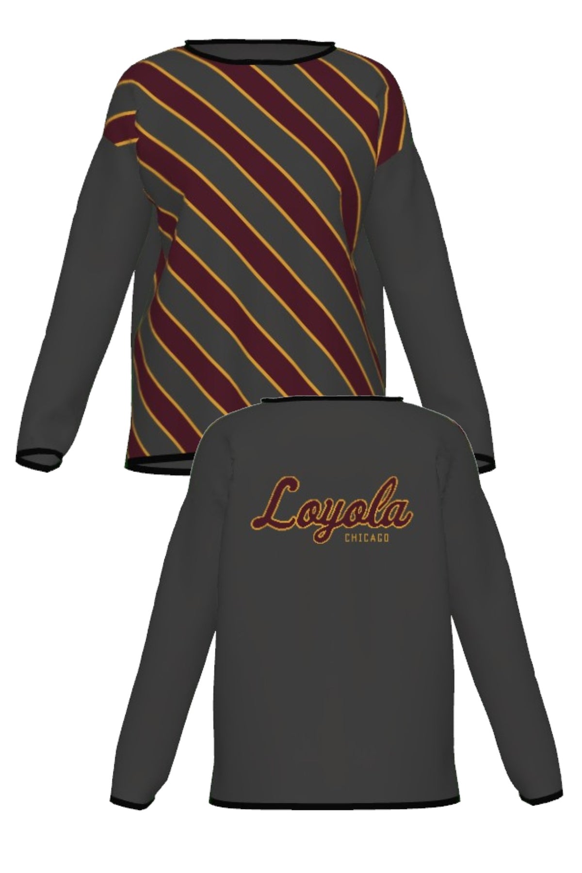 Loyola University Chicago Repp Stripe Knit Women's Sweater in Charcoal Grey with Burgundy diagonal stripes and Mustard Gold pinstripes by SOUNDOFF - front and back