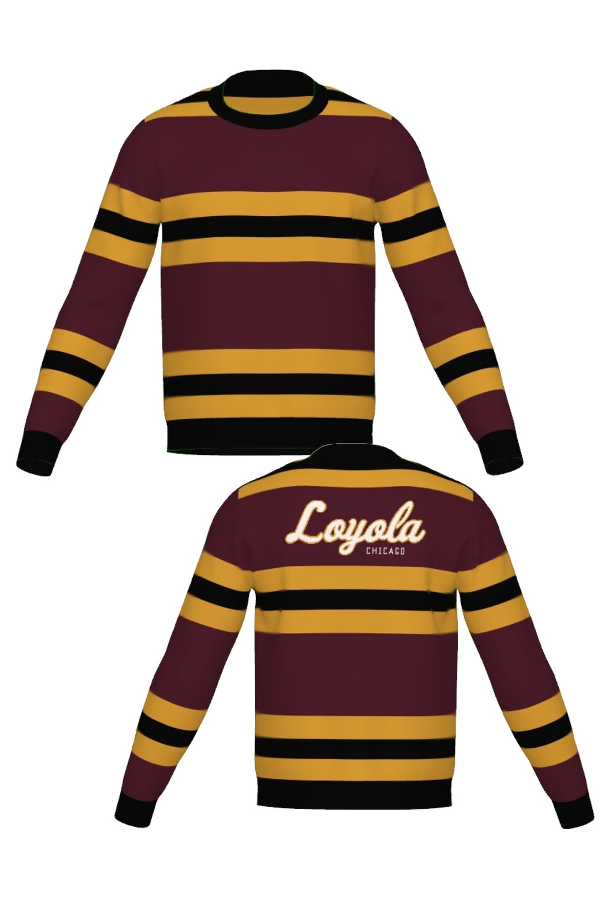 Loyola University Chicago Rugby Stripe Crew Neck Knit Sweater in Burgundy, Mustard Gold and Black with horizontal stripes and Black trim by SOUNDOFF - front and back