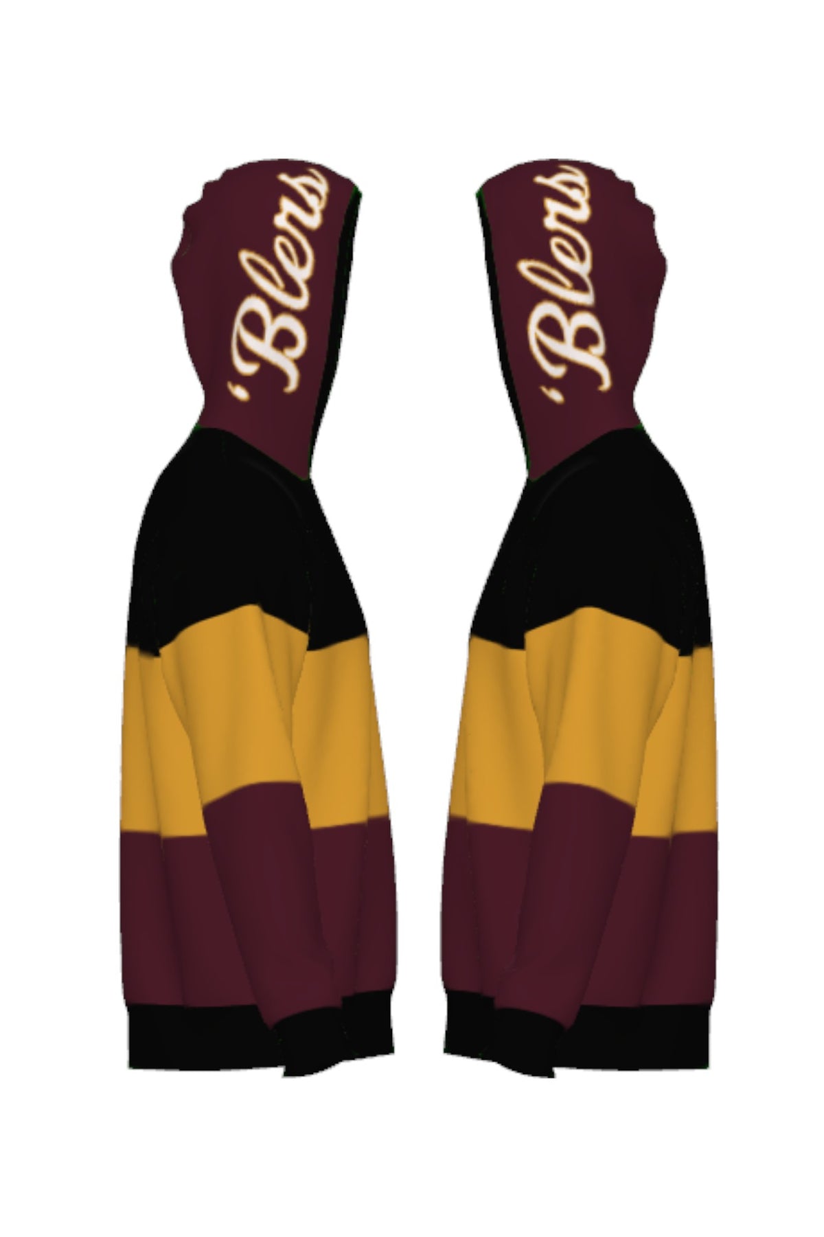 Loyola University Chicago tri stripe hooded knit sweater with burgundy hood featuring Script 'Blers graphic in white and mustard gold and LUC Wolf Crest Patch by SOUNDOFF - side