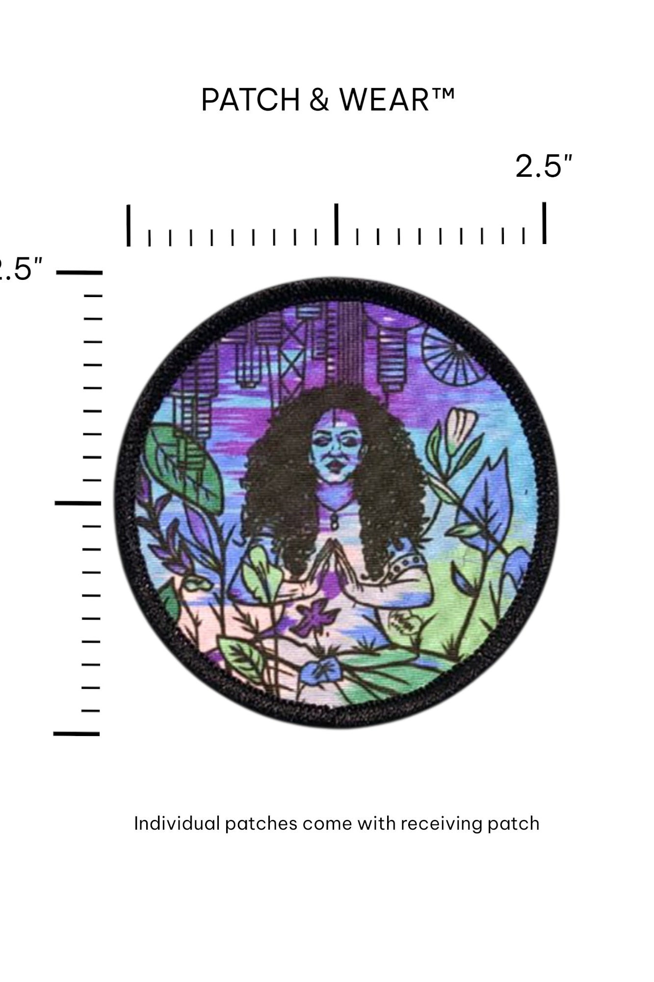 Circular 2.5-inch All Love by Martha Wade patch shown against a ruler grid to demonstrate scale; text reads "Individual patches come with receiving patch."