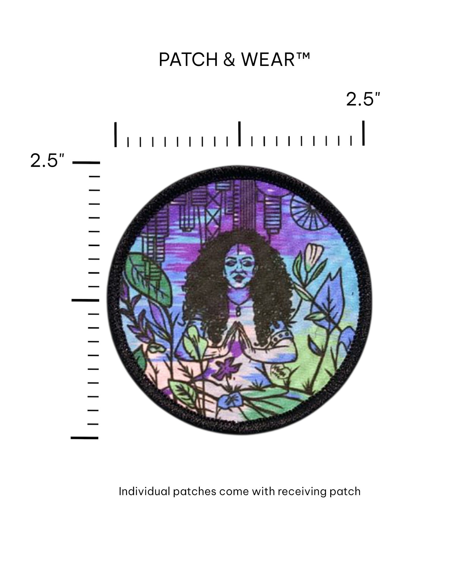 Circular 2.5-inch All Love by Martha Wade patch shown against a ruler grid to demonstrate scale; text reads "Individual patches come with receiving patch."