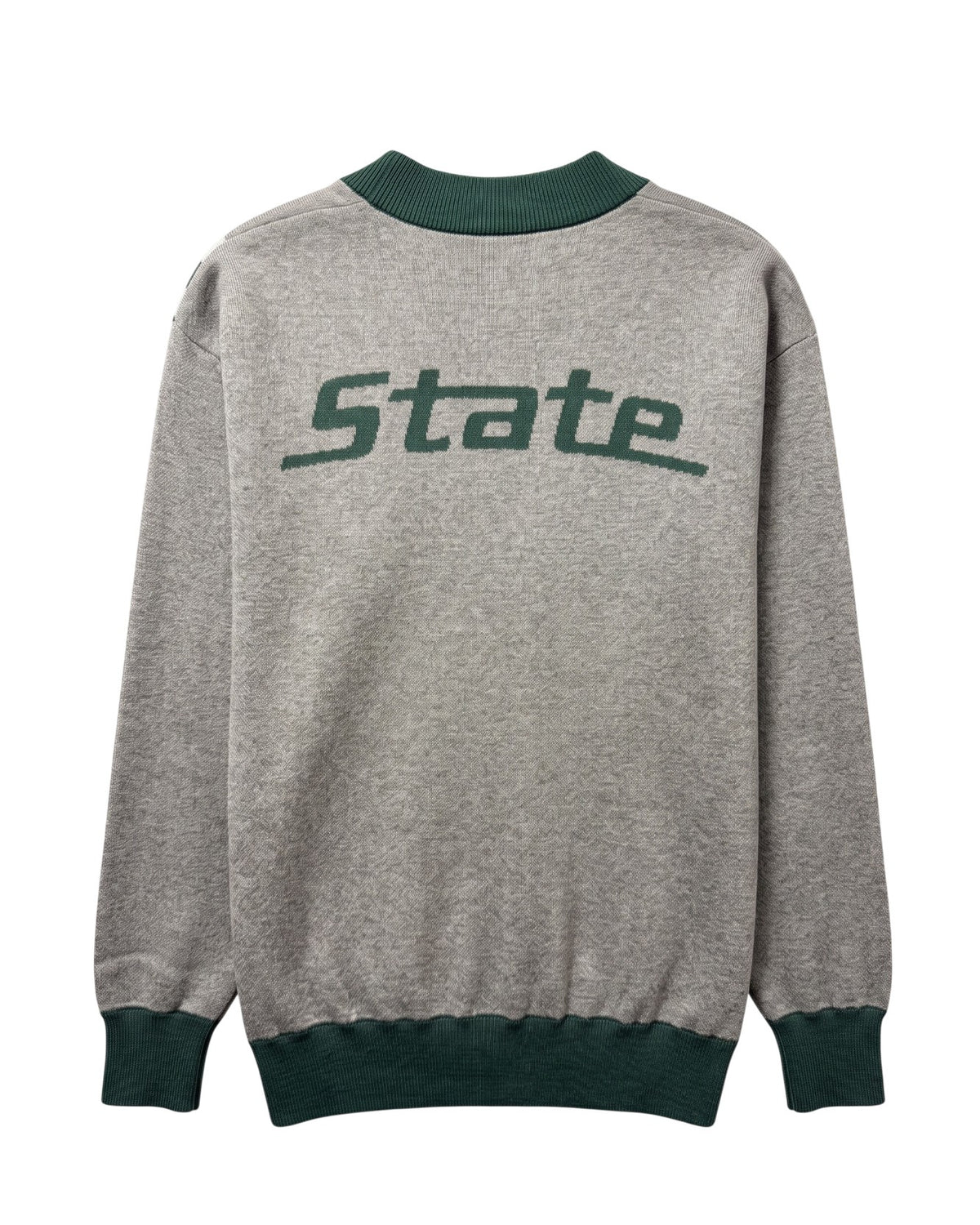 Michigan State University Brixton Bias Knit Sweater cardigan in Grey with five diagonal Pine Green and Bleach White stripes and knitted State arc logo by SOUNDOFF - back