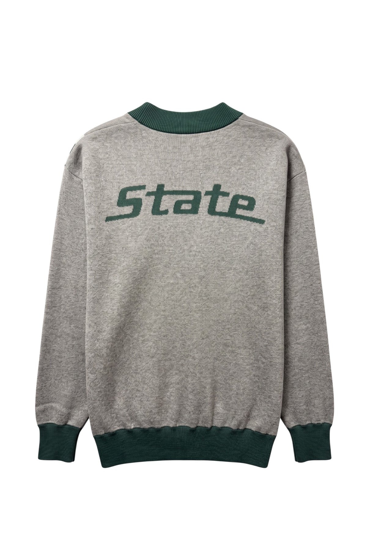 Michigan State University Brixton Bias Knit Sweater cardigan in Grey with five diagonal Pine Green and Bleach White stripes and knitted State arc logo by SOUNDOFF - back