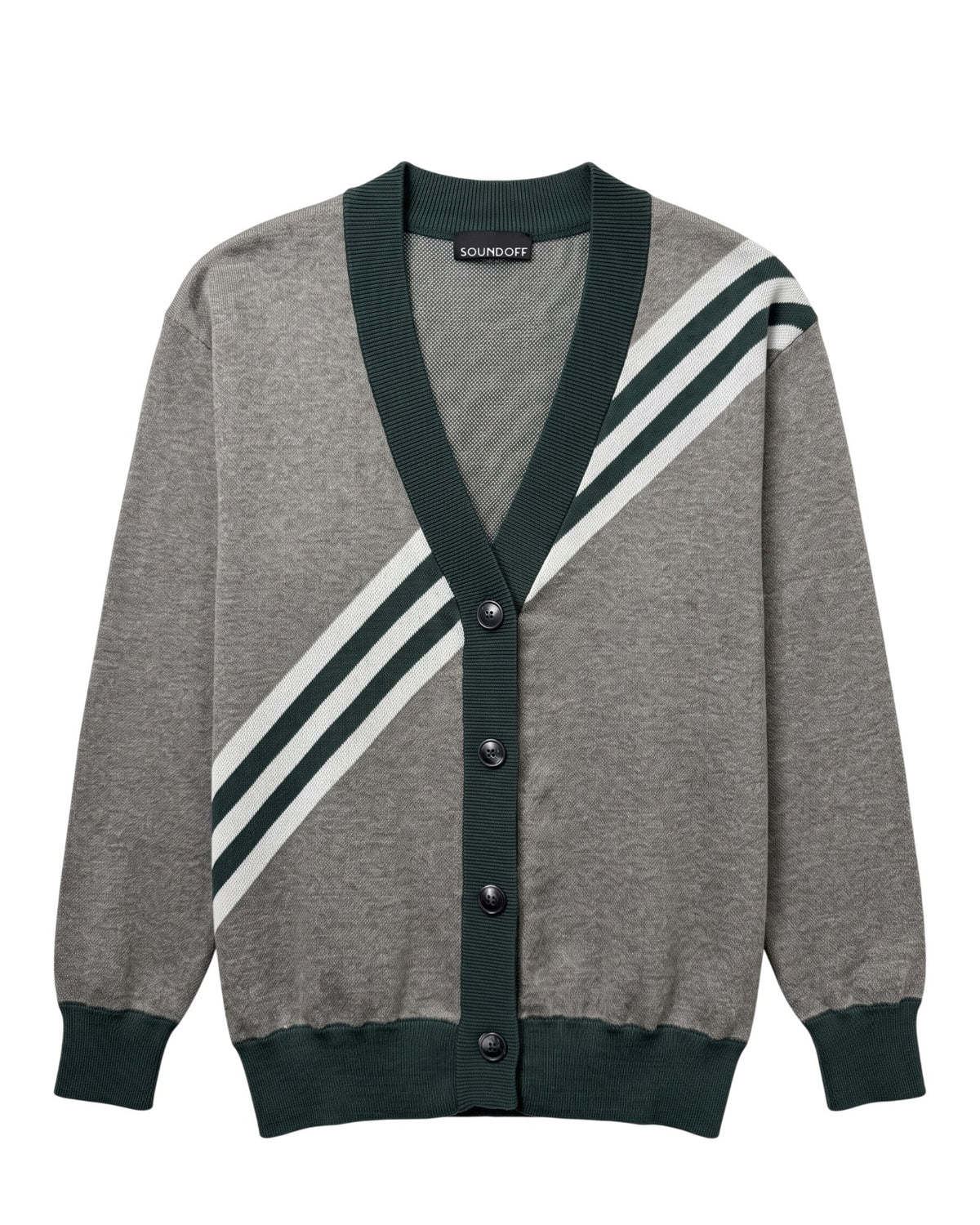 Michigan State University Brixton Bias Knit Sweater cardigan in Grey with five diagonal Pine Green and Bleach White stripes and knitted State arc logo by SOUNDOFF - front