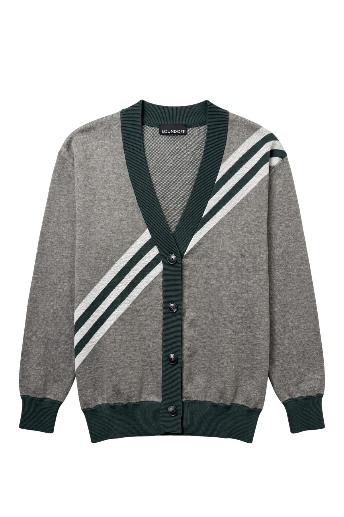 Michigan State University Brixton Bias Knit Sweater cardigan in Grey with five diagonal Pine Green and Bleach White stripes and knitted State arc logo by SOUNDOFF - front