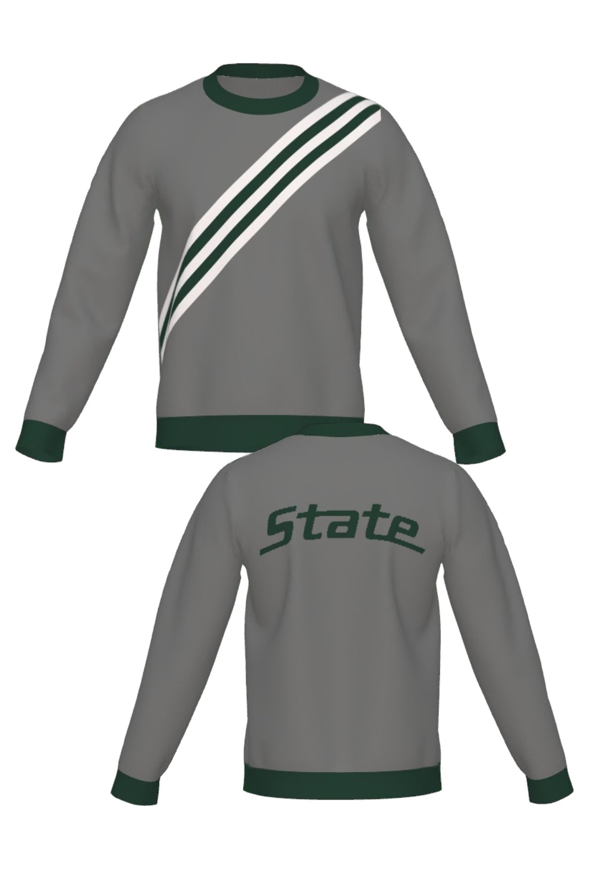 Michigan State University Brixton Bias Knit Sweater crew neck in Grey with five diagonal Pine Green and Bleach White stripes and knitted State arc logo by SOUNDOFF - front and back