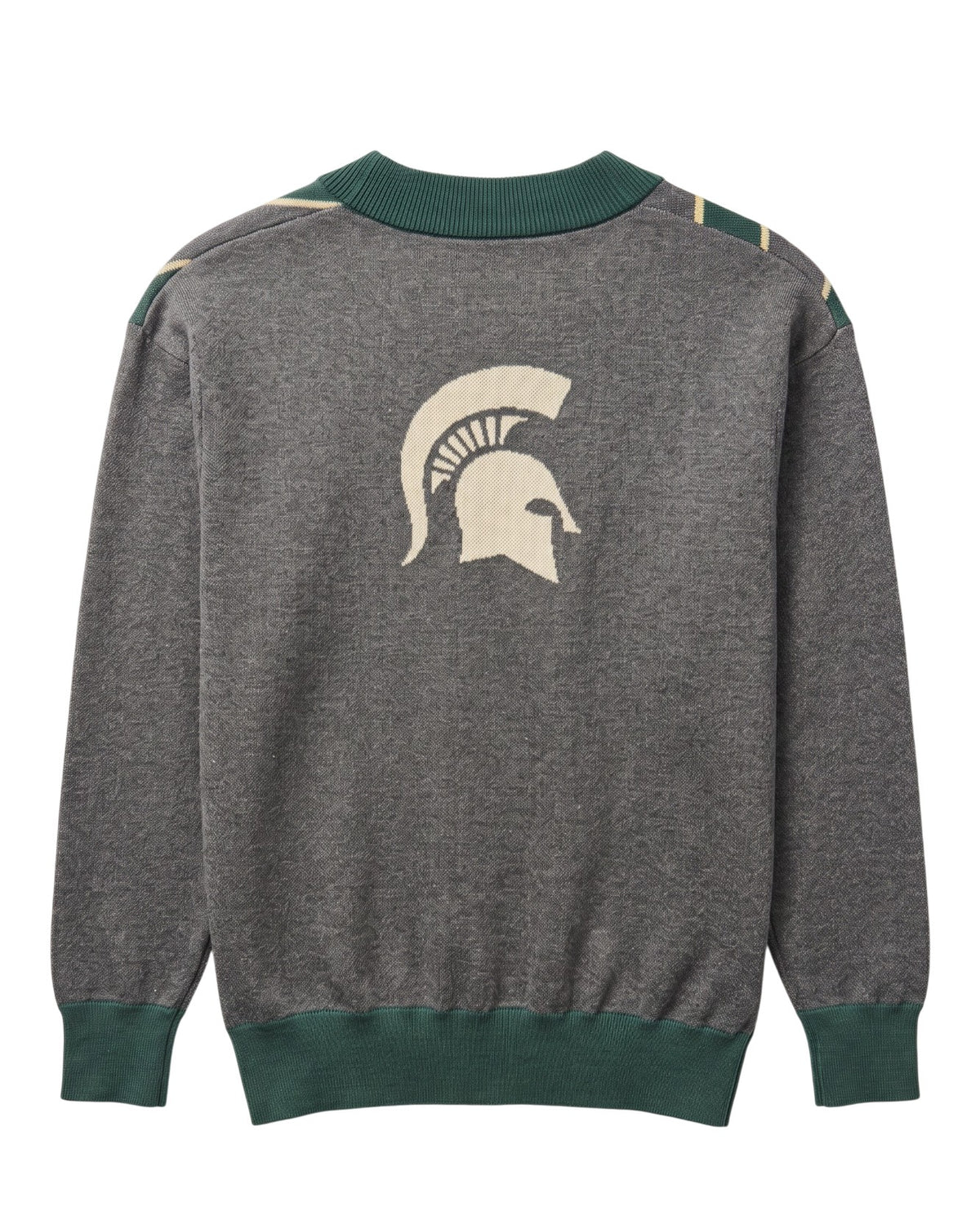 Michigan State University Spartans Repp Stripe Knit Sweater cardigan in Charcoal Grey, Pine Green and Beige with a knitted Beige Spartan helmet by SOUNDOFF - back