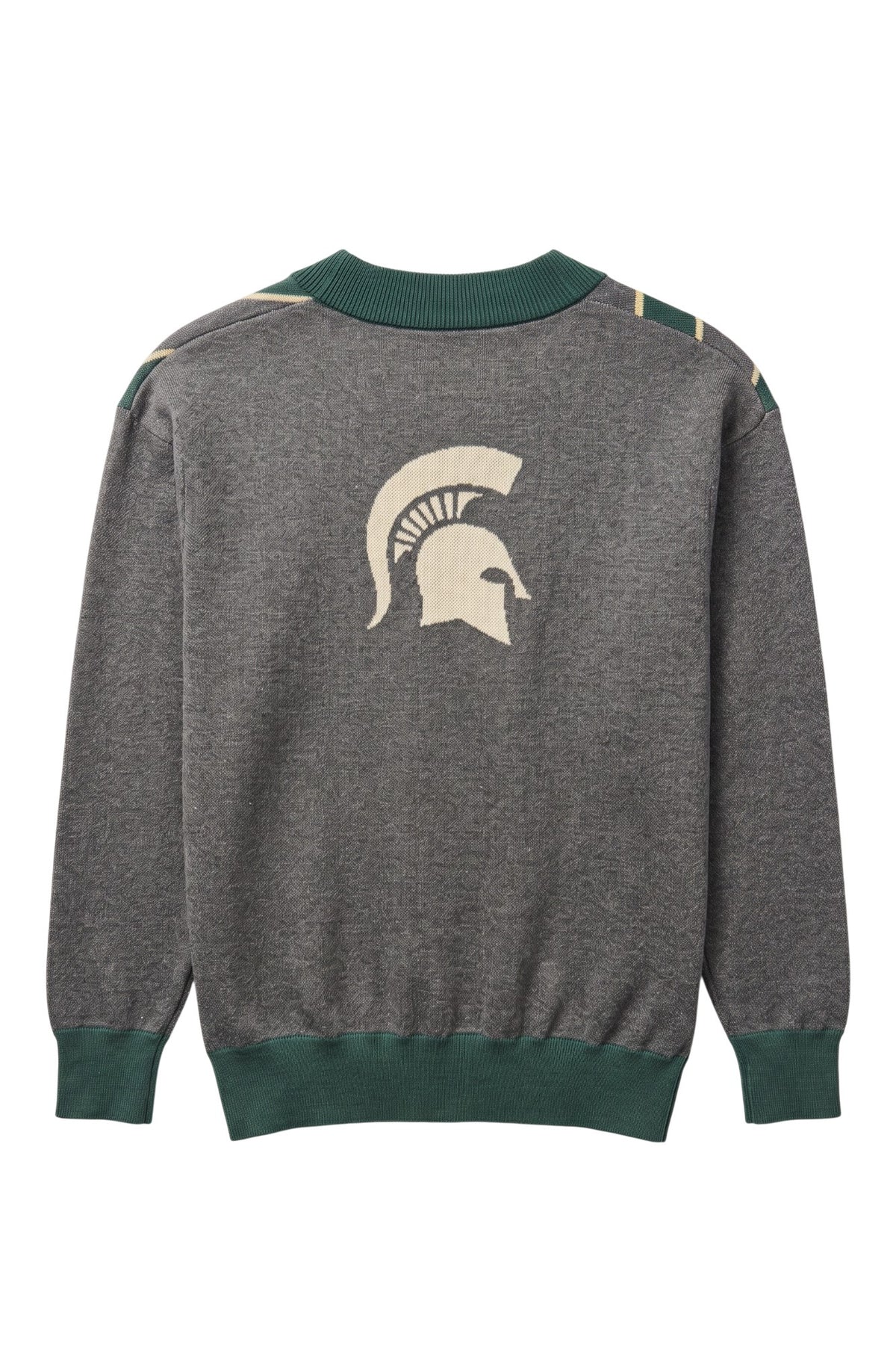 Michigan State University Spartans Repp Stripe Knit Sweater cardigan in Charcoal Grey, Pine Green and Beige with a knitted Beige Spartan helmet by SOUNDOFF - back