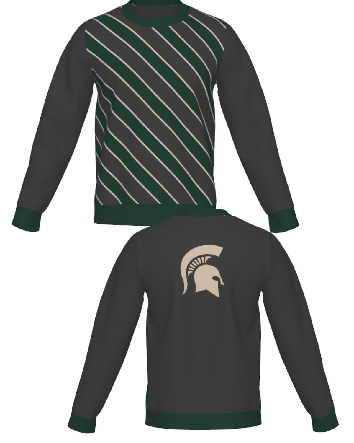 Michigan State University Spartans Repp Stripe Knit Sweater crew neck in Charcoal Grey, Pine Green and Beige with a knitted Beige Spartan helmet by SOUNDOFF - front and back