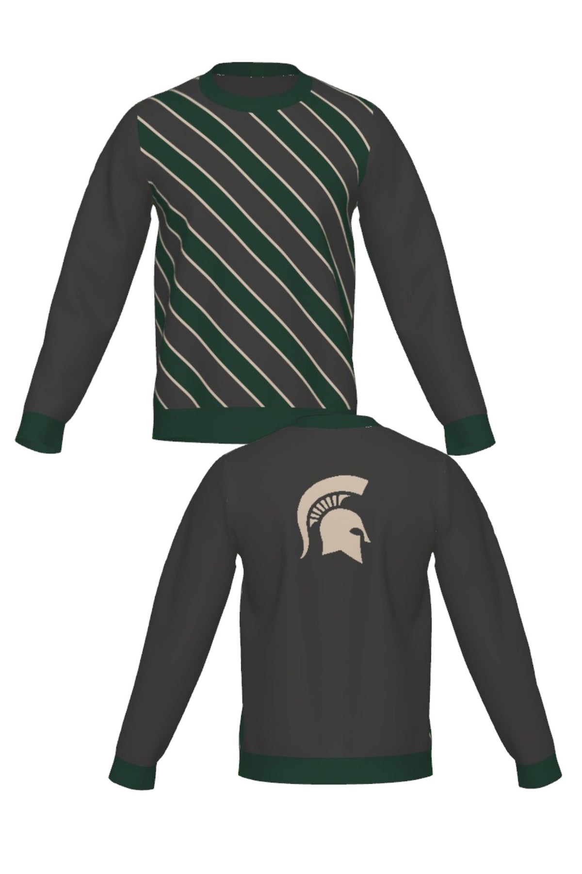 Michigan State University Spartans Repp Stripe Knit Sweater crew neck in Charcoal Grey, Pine Green and Beige with a knitted Beige Spartan helmet by SOUNDOFF - front and back
