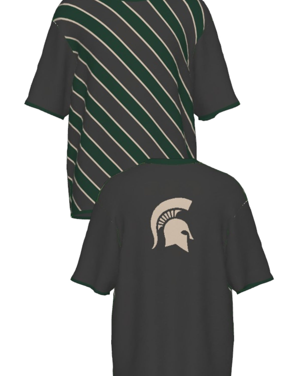 Michigan State University Spartans Repp Stripe Knit Sweater short sleeve in Charcoal Grey, Pine Green and Beige with a knitted Beige Spartan helmet by SOUNDOFF - front and back