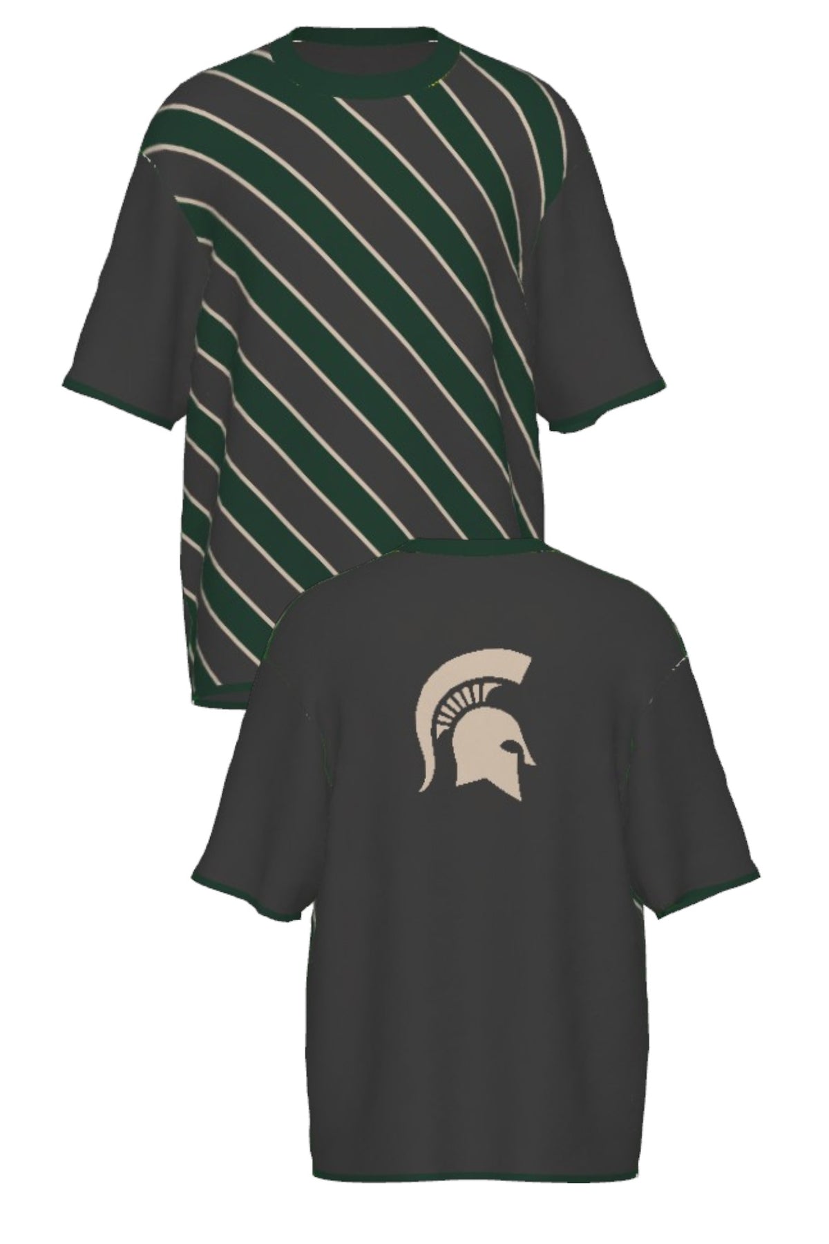 Michigan State University Spartans Repp Stripe Knit Sweater short sleeve in Charcoal Grey, Pine Green and Beige with a knitted Beige Spartan helmet by SOUNDOFF - front and back