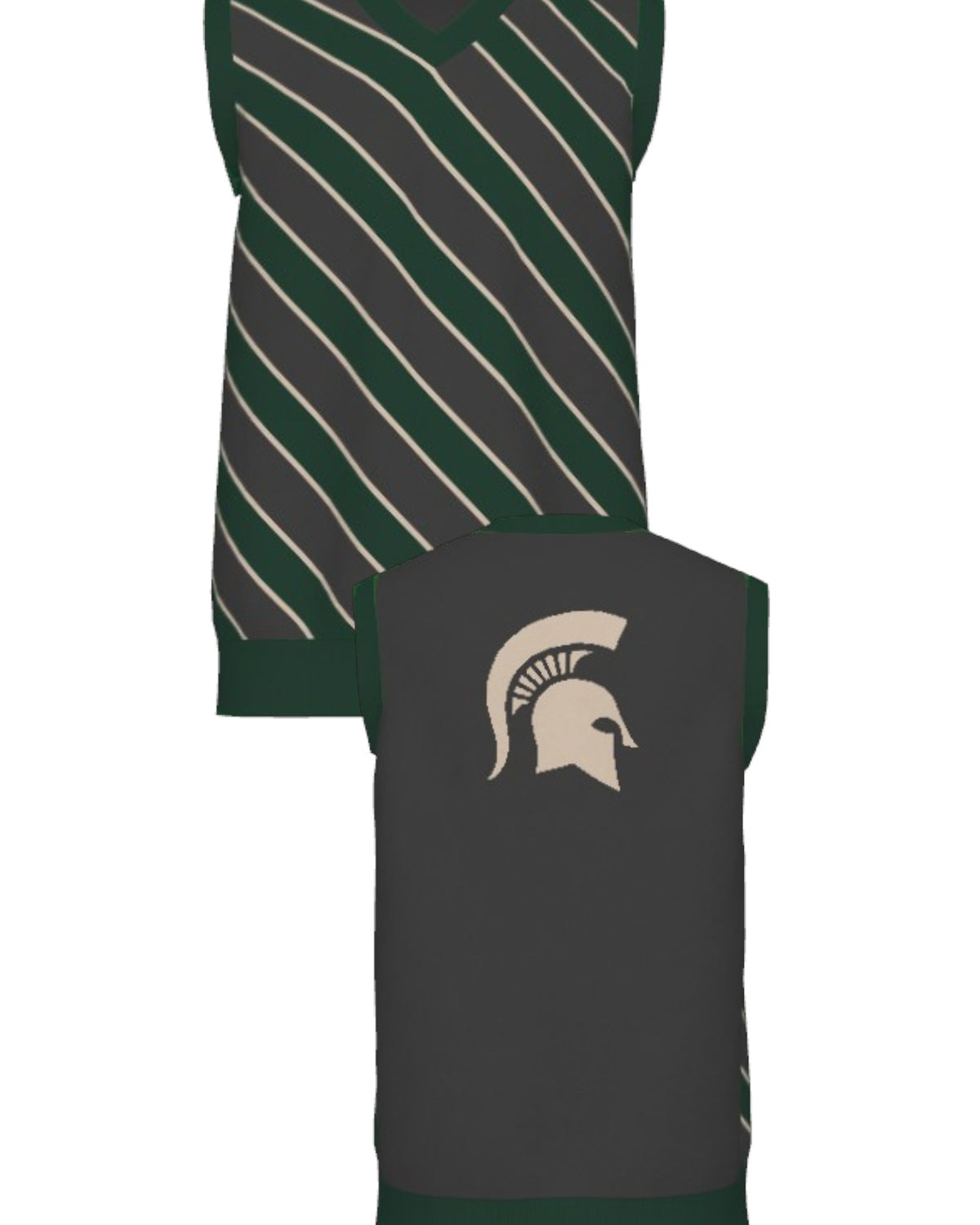 Michigan State University Spartans Repp Stripe Knit Sweater V-Neck Vest in Charcoal Grey, Pine Green and Beige with a knitted Beige Spartan helmet by SOUNDOFF - front and back